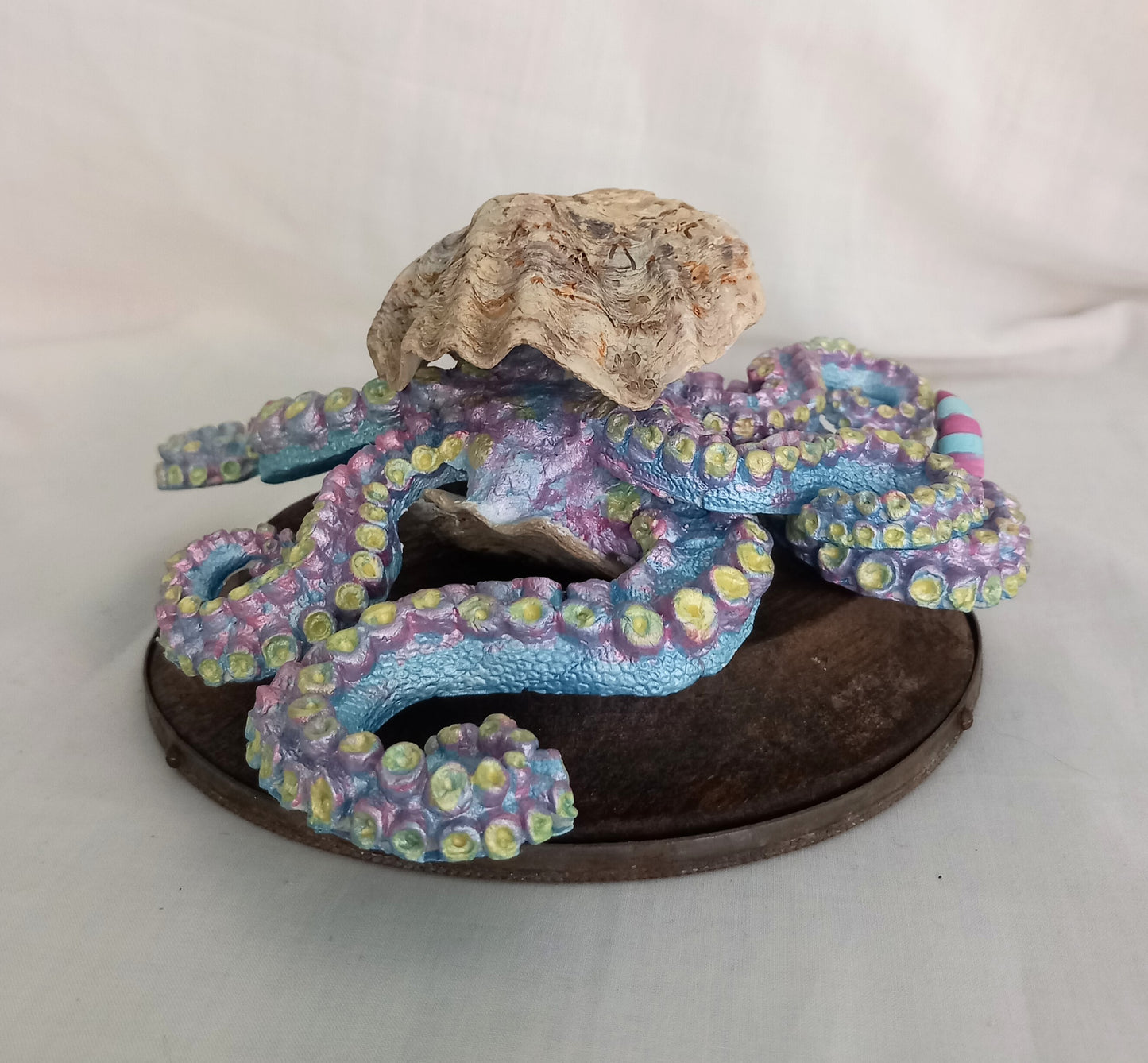 Hand made Blue & Pink Kraken Squid Octopus Statue On Wooden Base 6"