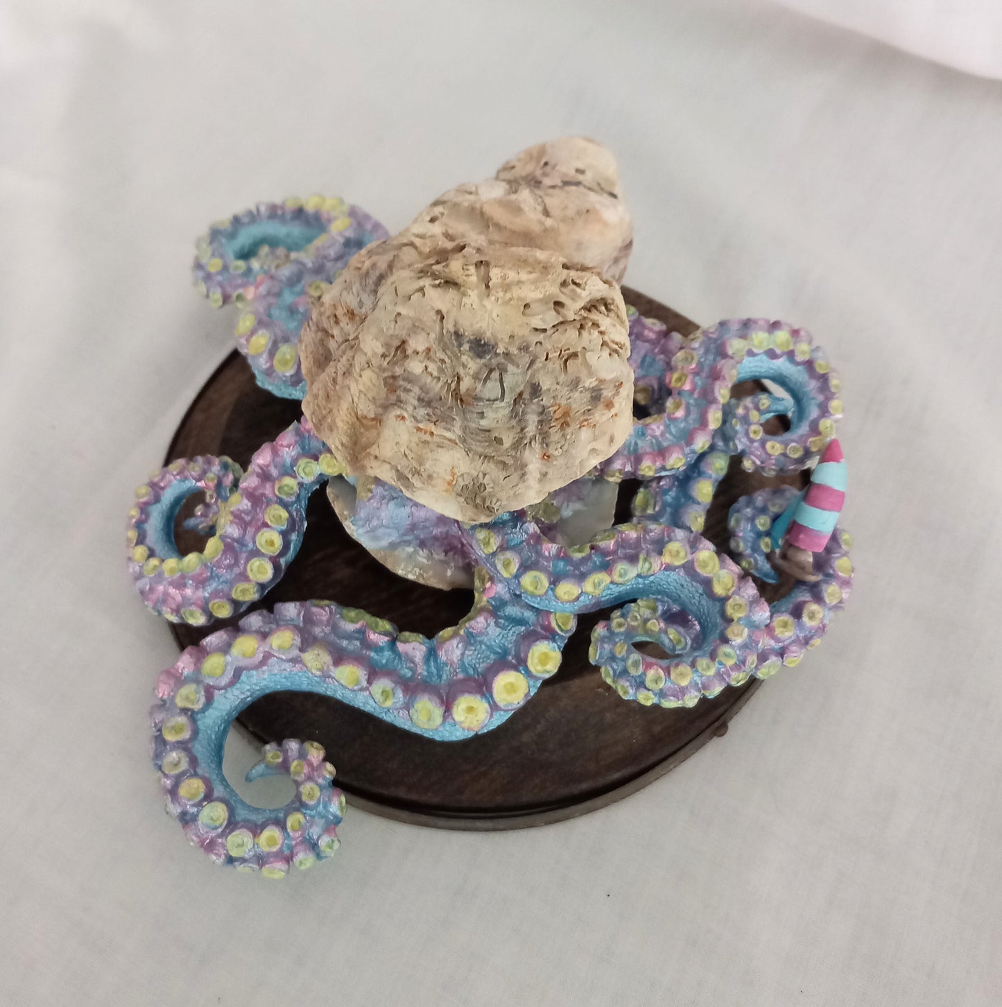 Hand made Blue & Pink Kraken Squid Octopus Statue On Wooden Base 6"