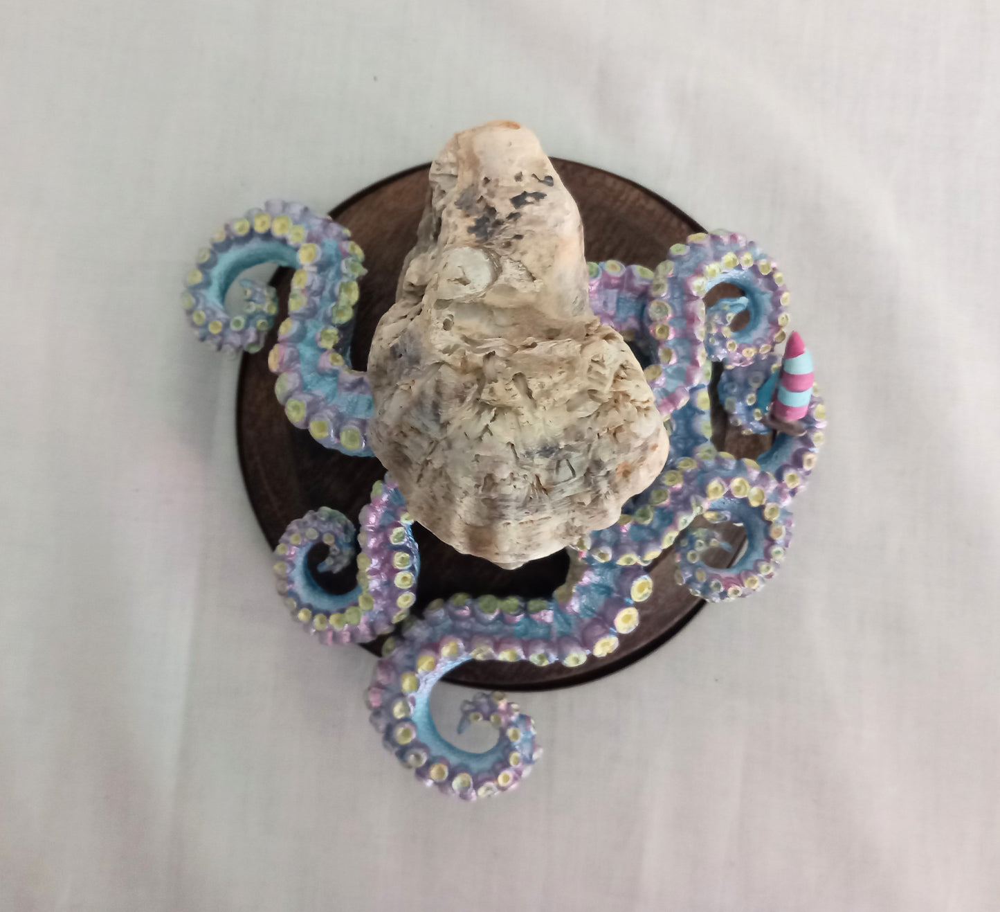 Hand made Blue & Pink Kraken Squid Octopus Statue On Wooden Base 6"