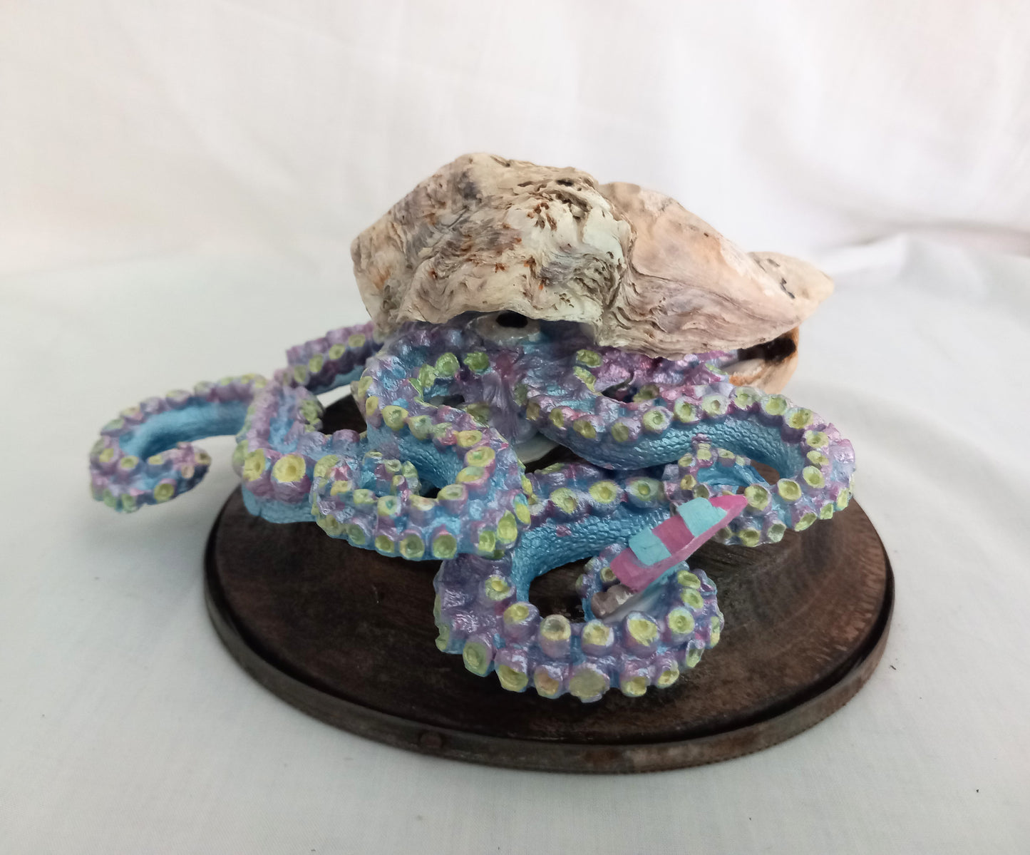 Hand made Blue & Pink Kraken Squid Octopus Statue On Wooden Base 6"