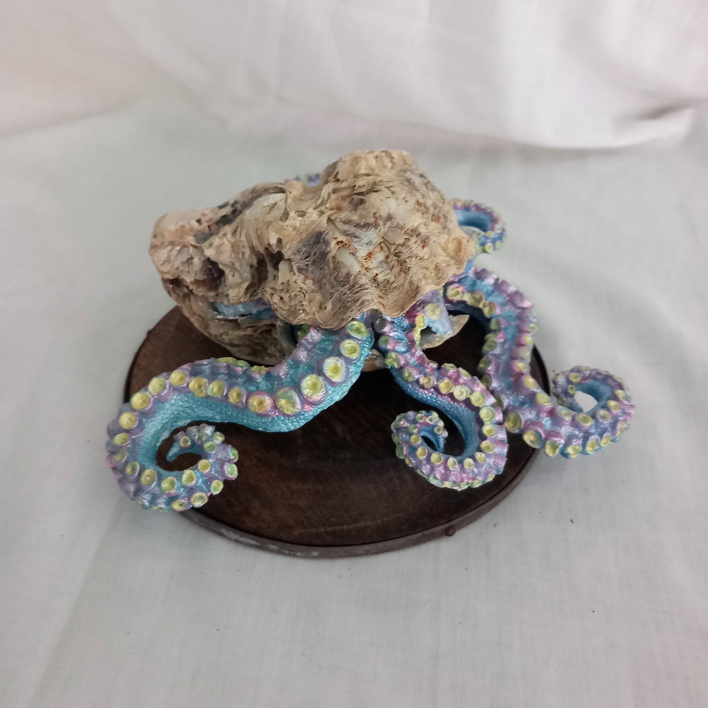 Hand made Blue & Pink Kraken Squid Octopus Statue On Wooden Base 6"