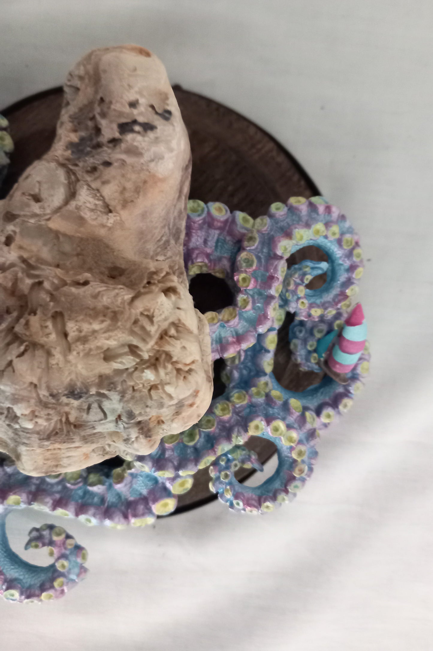 Hand made Blue & Pink Kraken Squid Octopus Statue On Wooden Base 6"