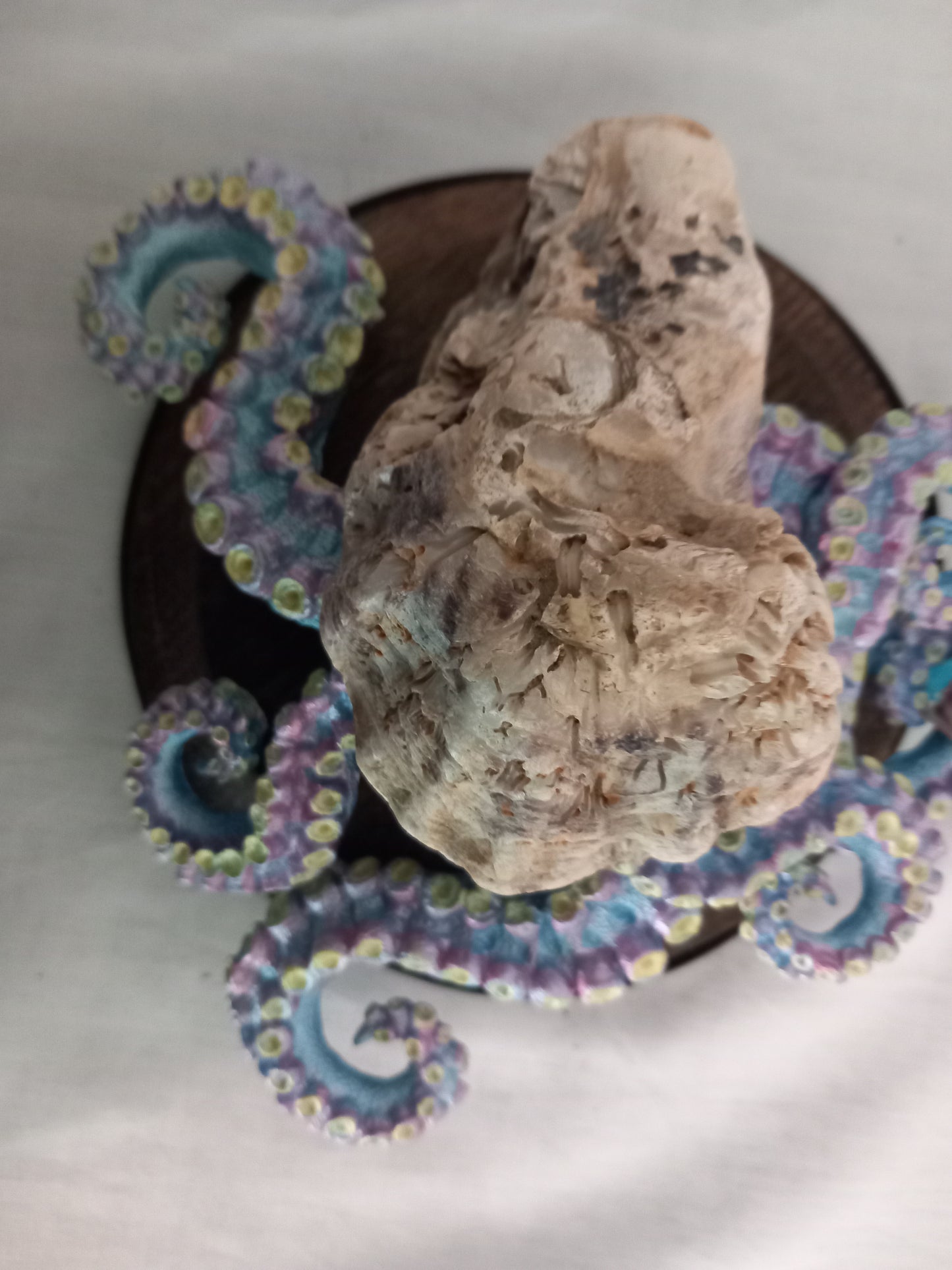 Hand made Blue & Pink Kraken Squid Octopus Statue On Wooden Base 6"