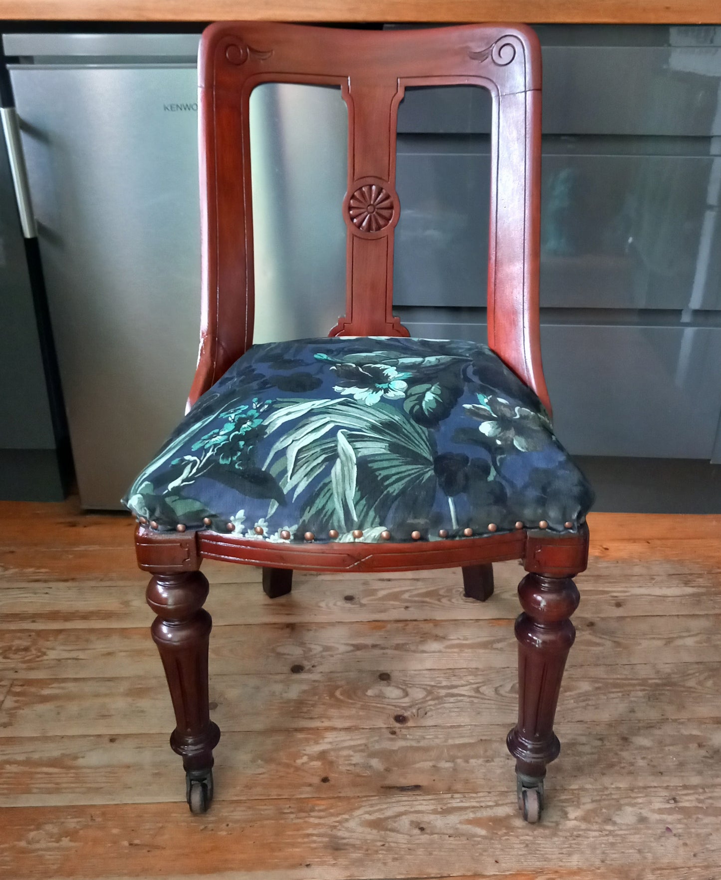 Victorian Mahoganay real wood chair reupholstered with blue House of Hackney velvet Limerence fabric