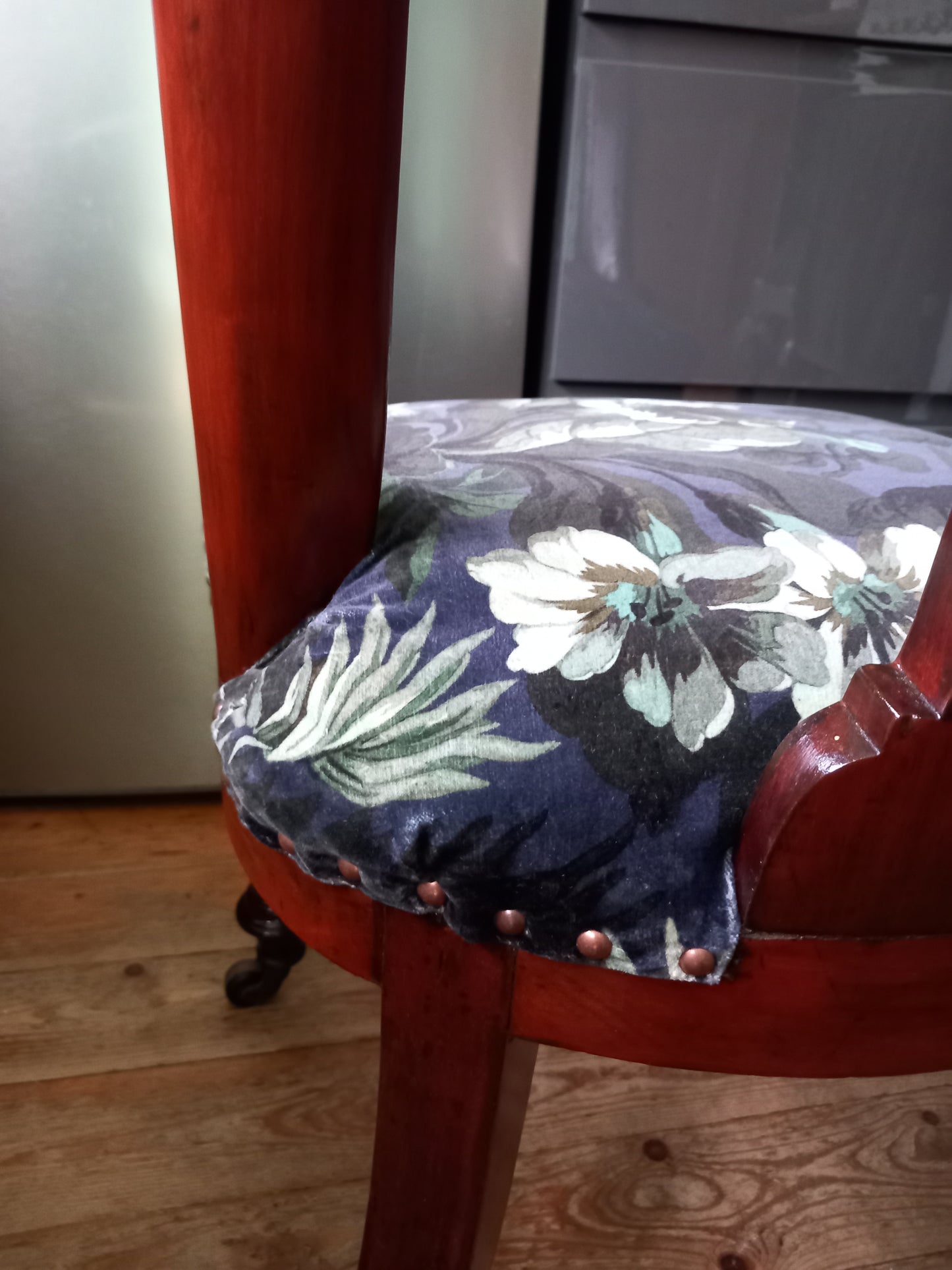 Victorian Mahoganay real wood chair reupholstered with blue House of Hackney velvet Limerence fabric