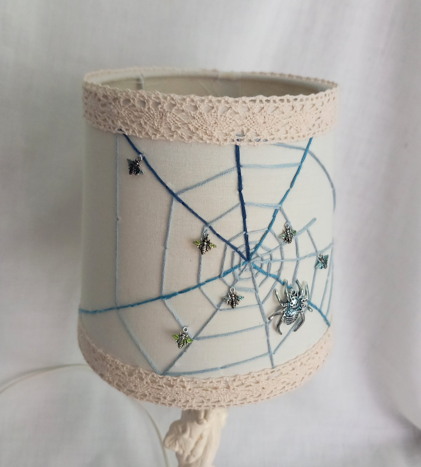 Hand made unique blue & cream white spider web lampshade 6"