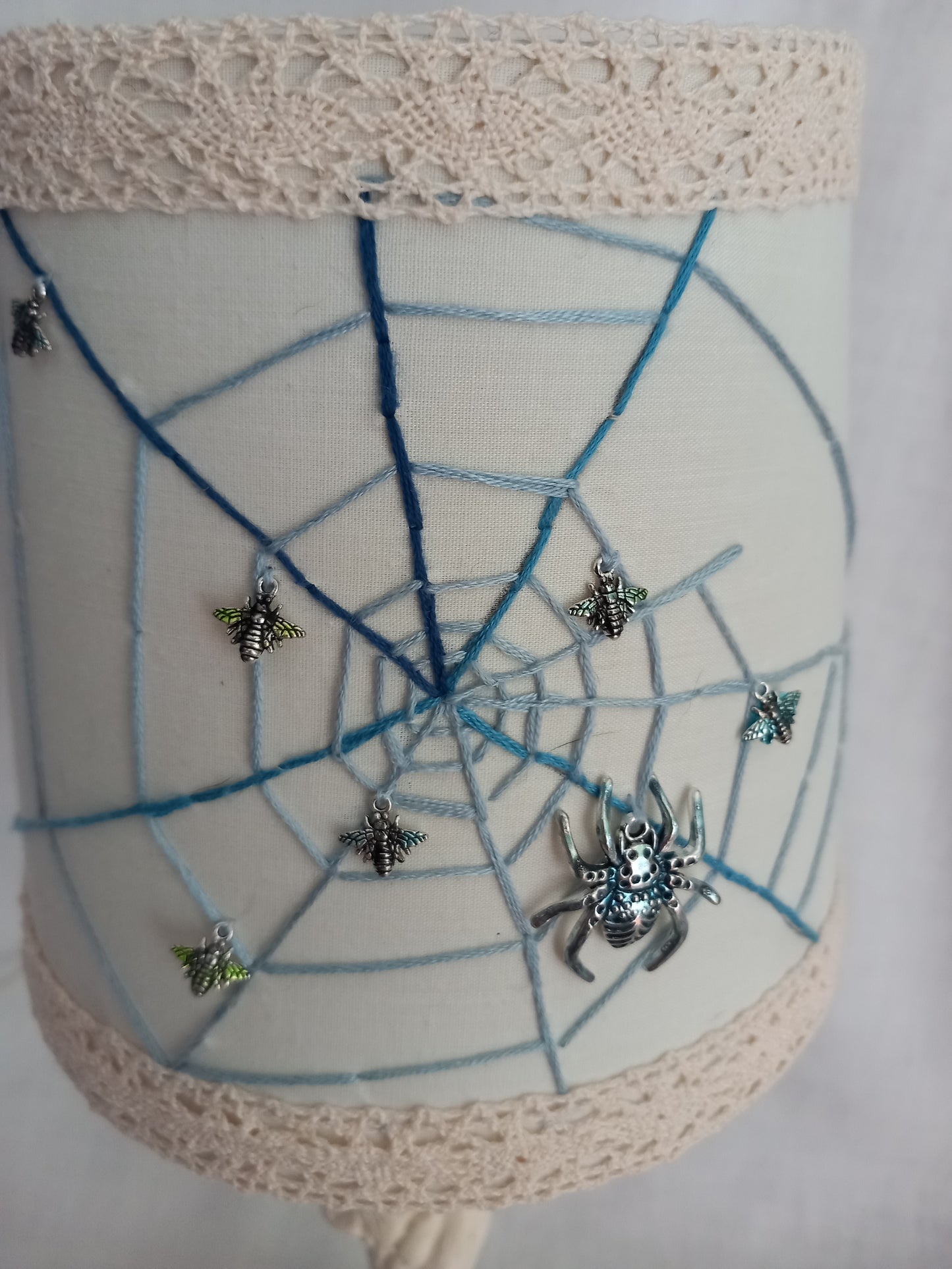 Hand made unique blue & cream white spider web lampshade 6"