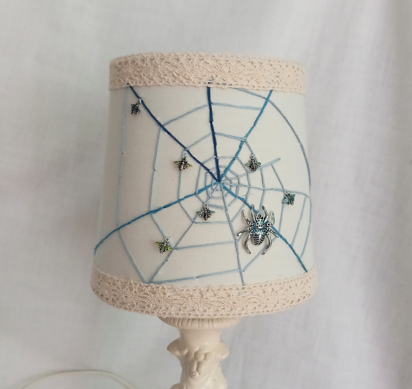Hand made unique blue & cream white spider web lampshade 6"