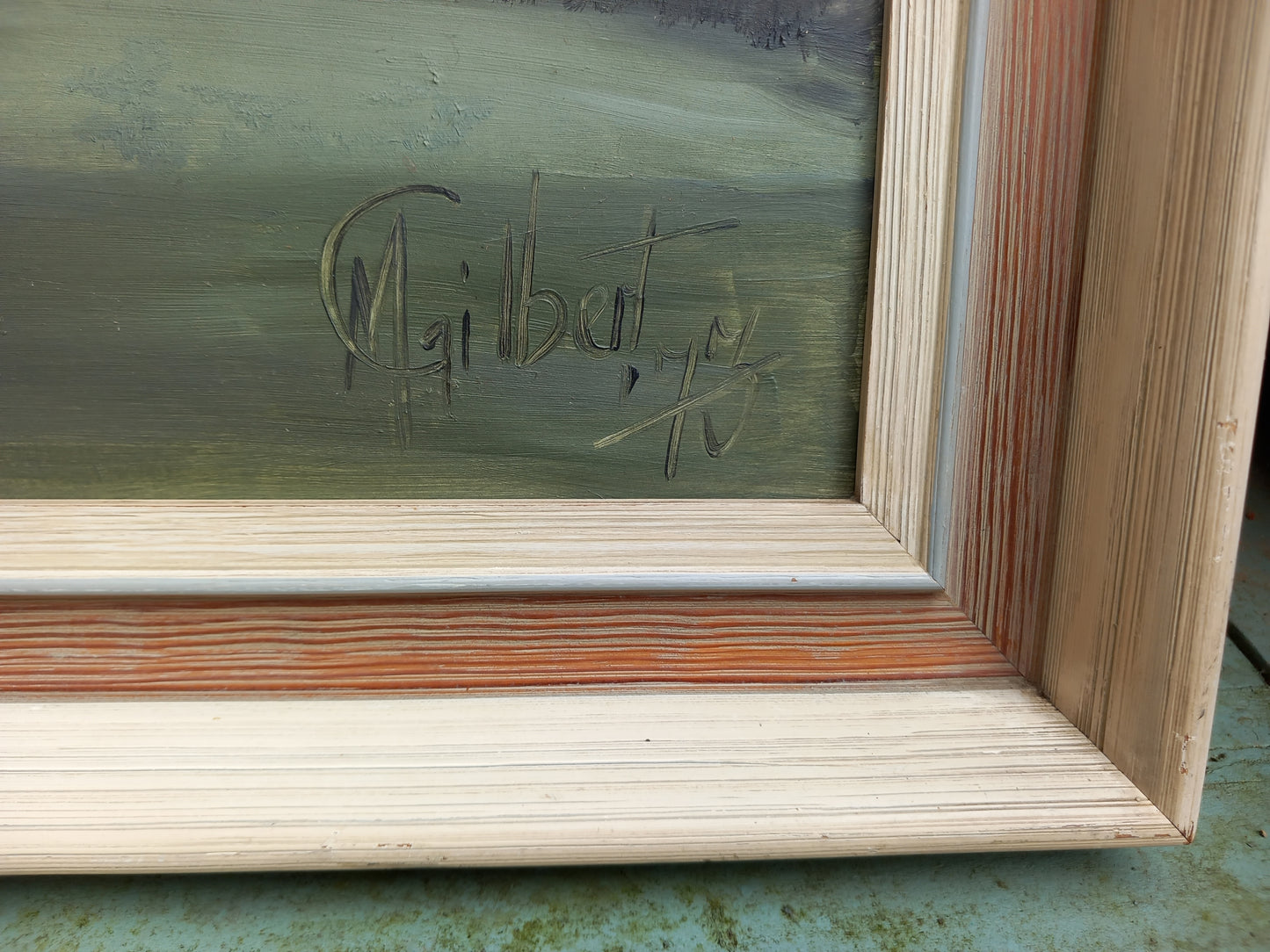 1970s oil painting of moody grey mountains & lake in wood frame 27.5"