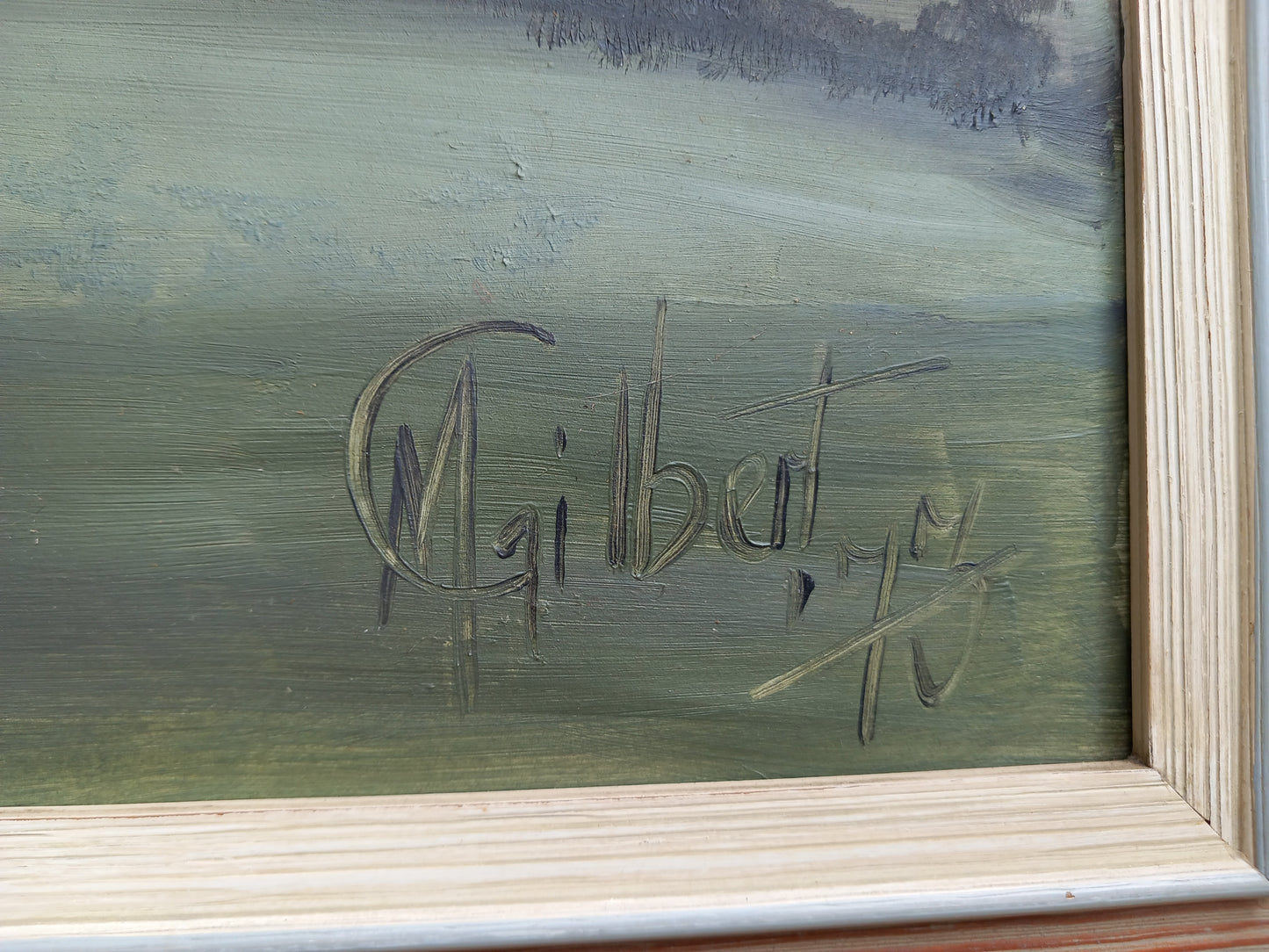 1970s oil painting of moody grey mountains & lake in wood frame 27.5"