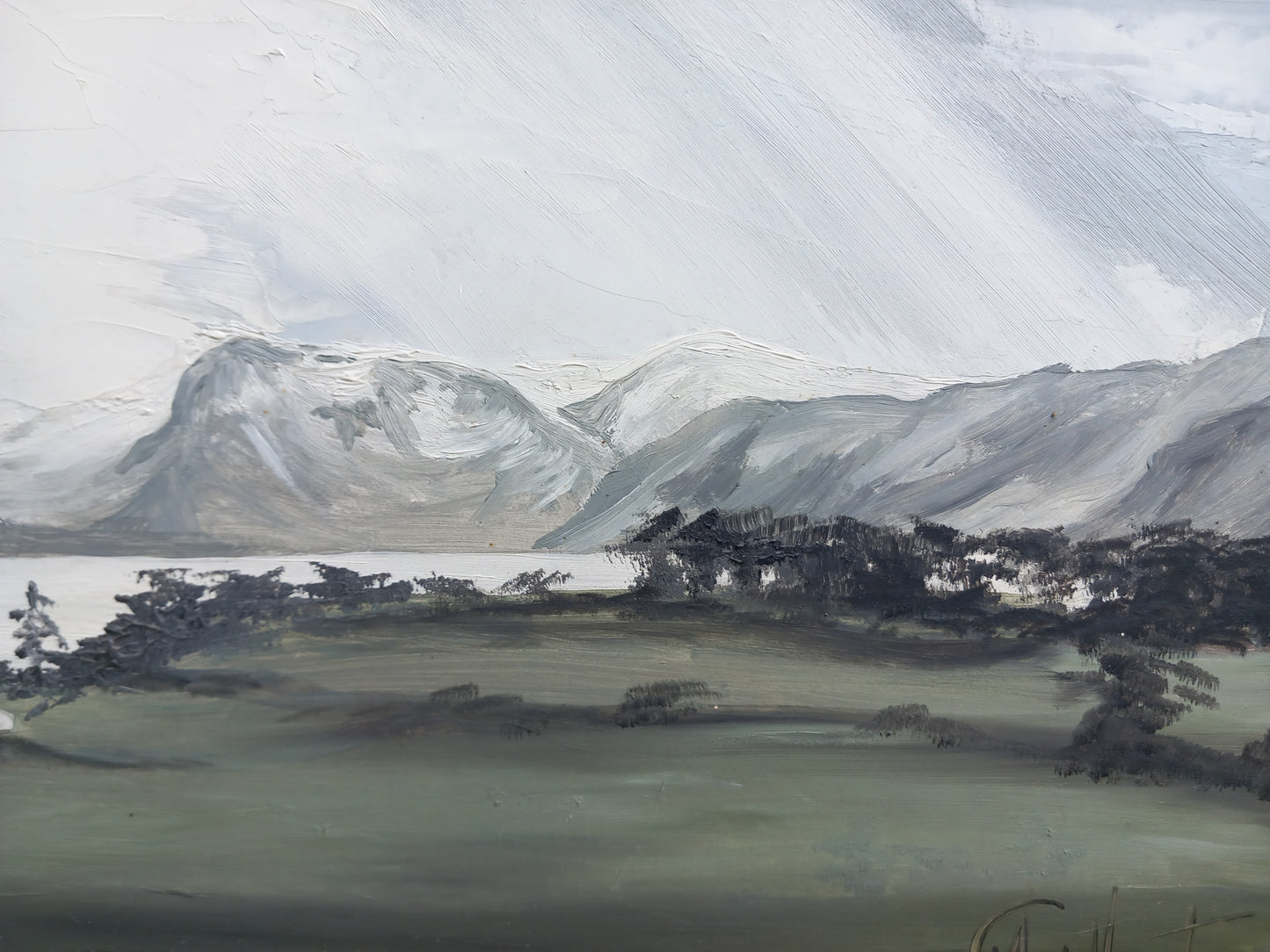 1970s oil painting of moody grey mountains & lake in wood frame 27.5"