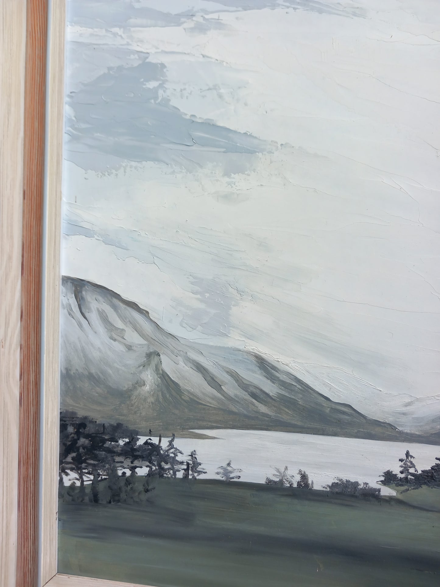 1970s oil painting of moody grey mountains & lake in wood frame 27.5"