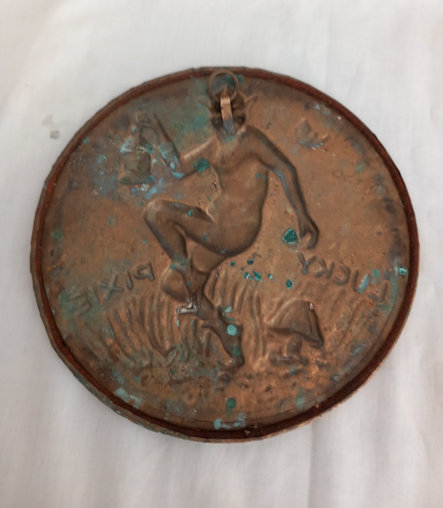 Vintage lucky pixie piskie brass copper textured wall hanging plaque 8"