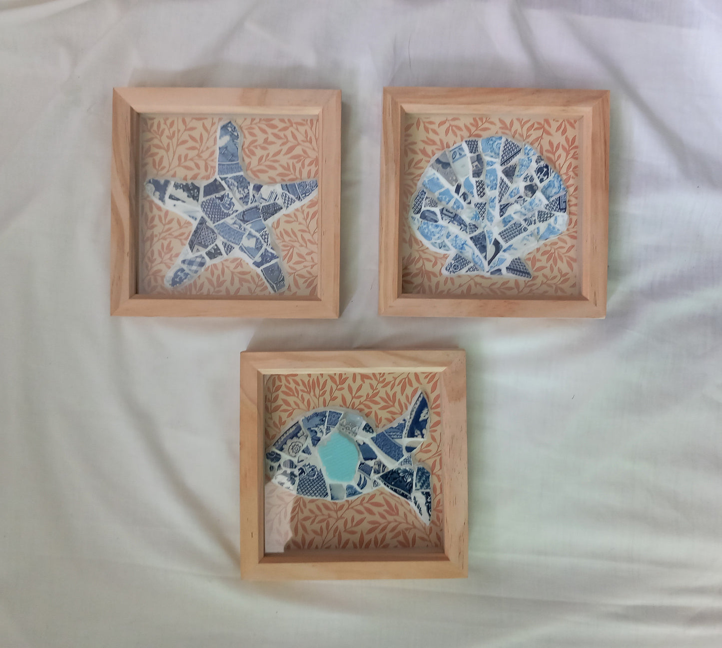 Hand made Blue & White Pottery Sherd Mosaic Sealife Wall Art Set Of 3