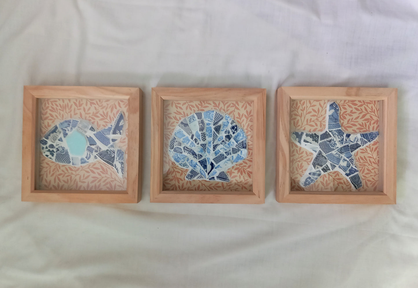 Hand made Blue & White Pottery Sherd Mosaic Sealife Wall Art Set Of 3