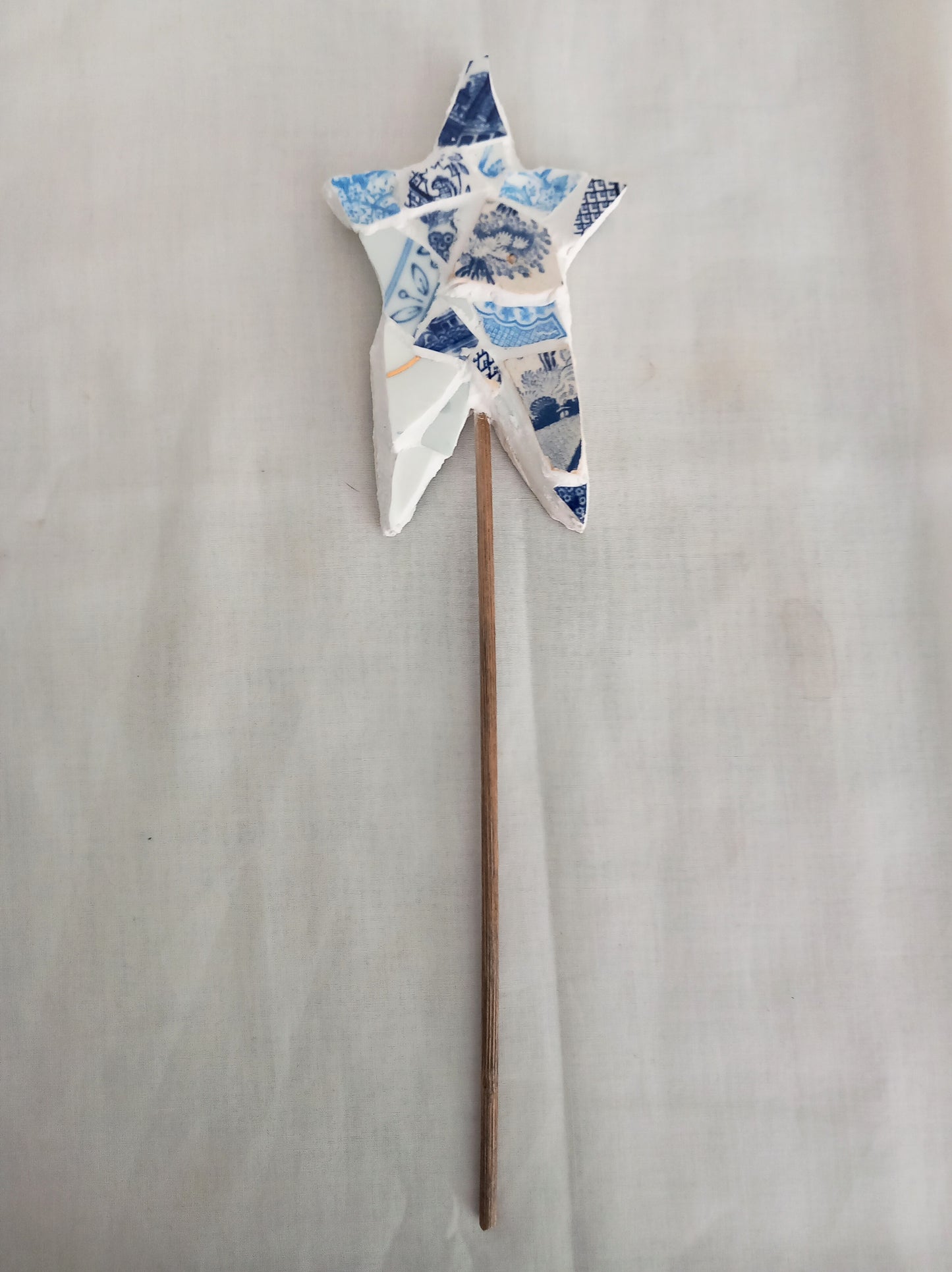 Hand made Blue & White Pottery Sherd Mosaic Star Decorative Plant Stake