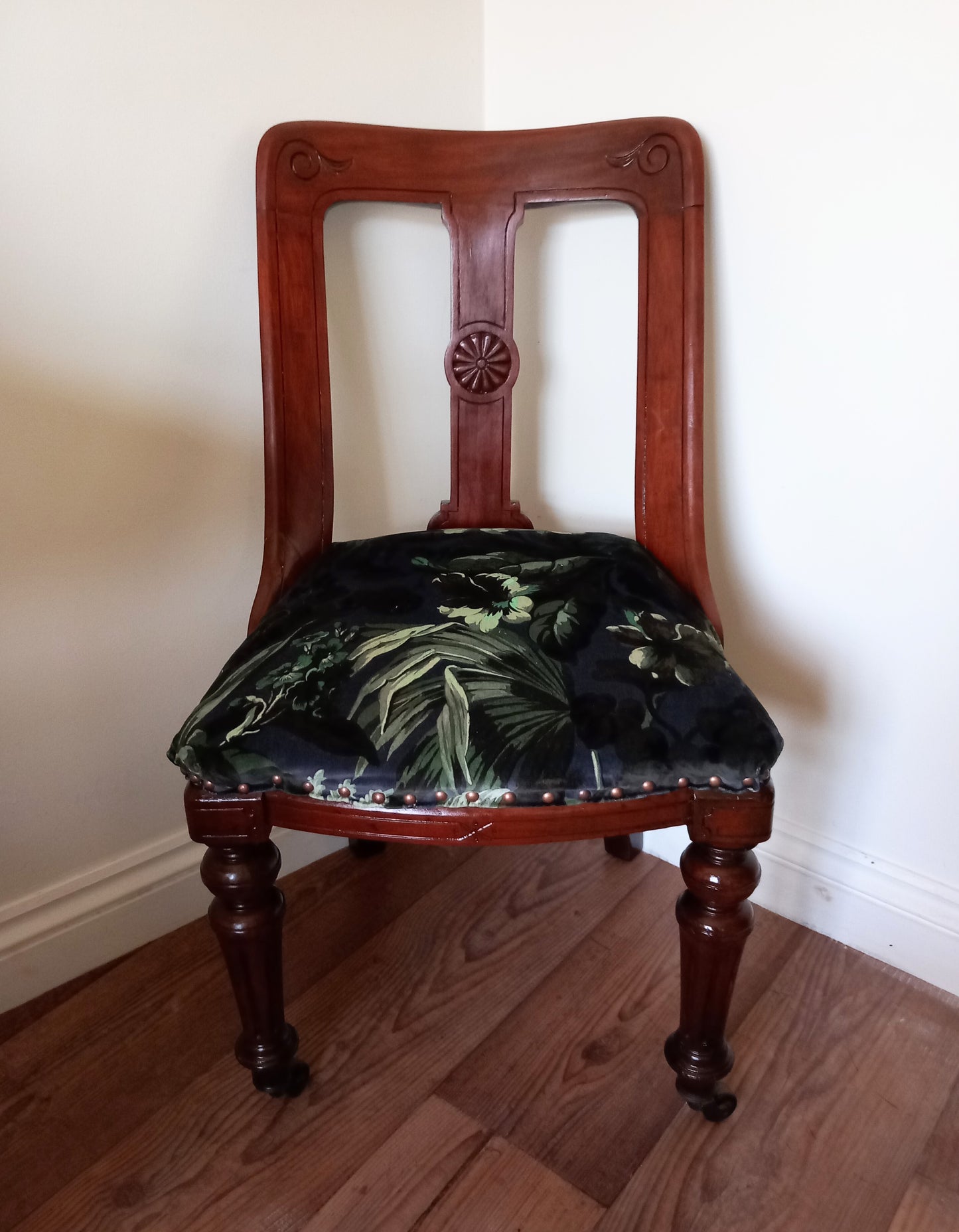 Victorian Mahoganay real wood chair reupholstered with blue House of Hackney velvet Limerence fabric