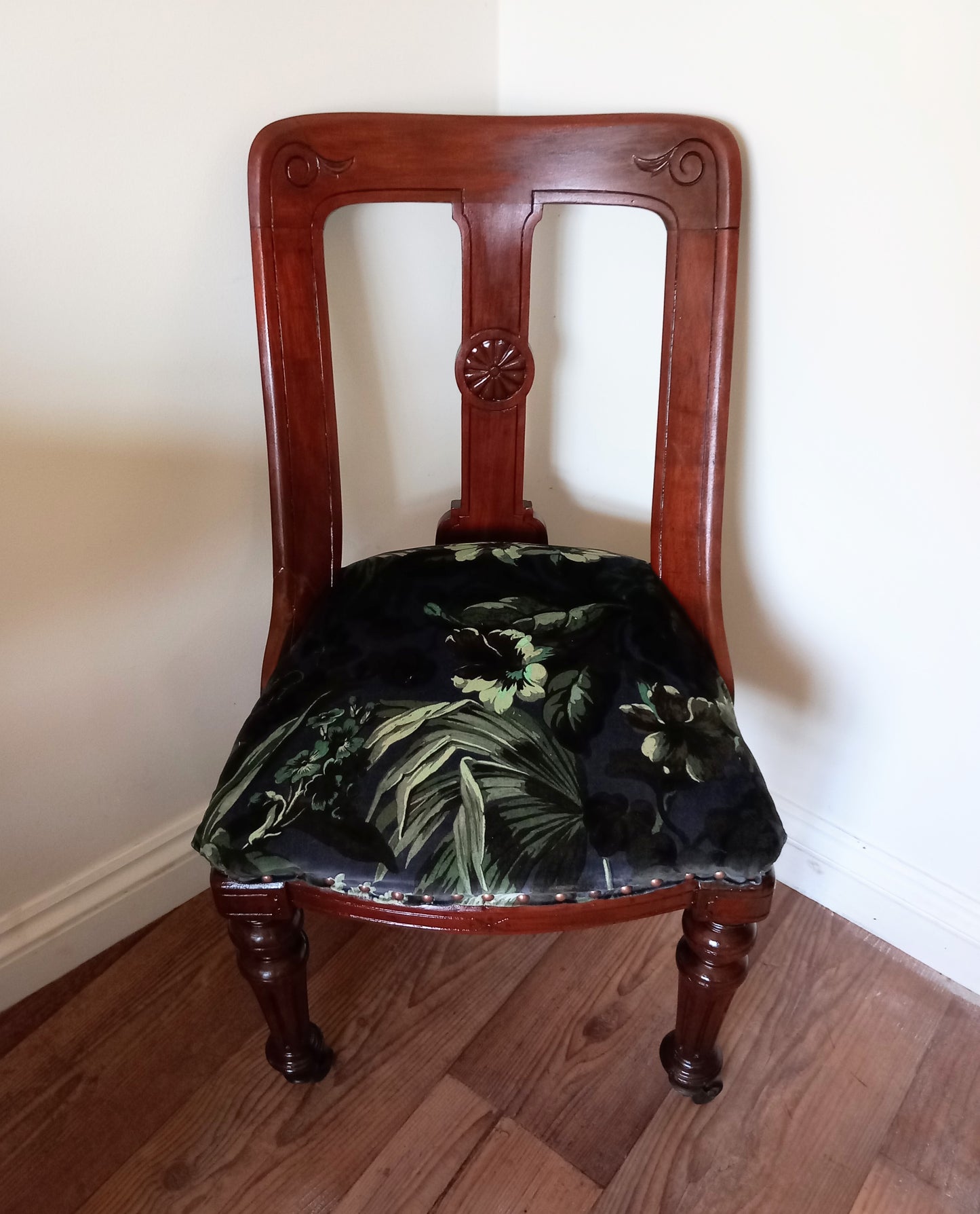 Victorian Mahoganay real wood chair reupholstered with blue House of Hackney velvet Limerence fabric