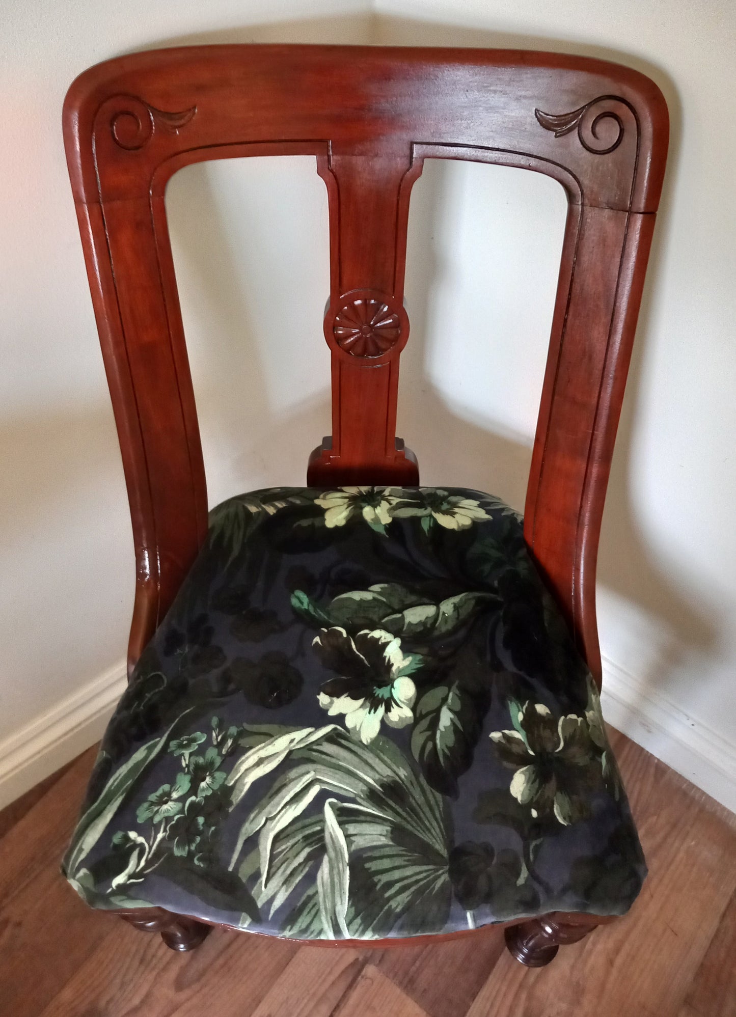 Victorian Mahoganay real wood chair reupholstered with blue House of Hackney velvet Limerence fabric