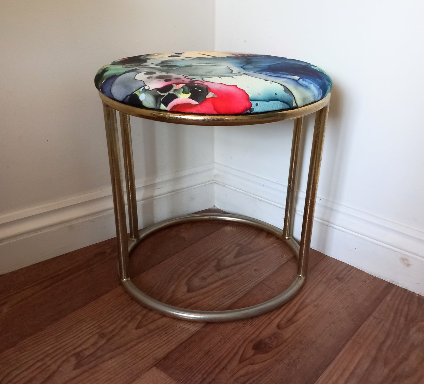 1970s tubular brass stool reupholstered with Timorous Beasties Kaleidosplatt fabric