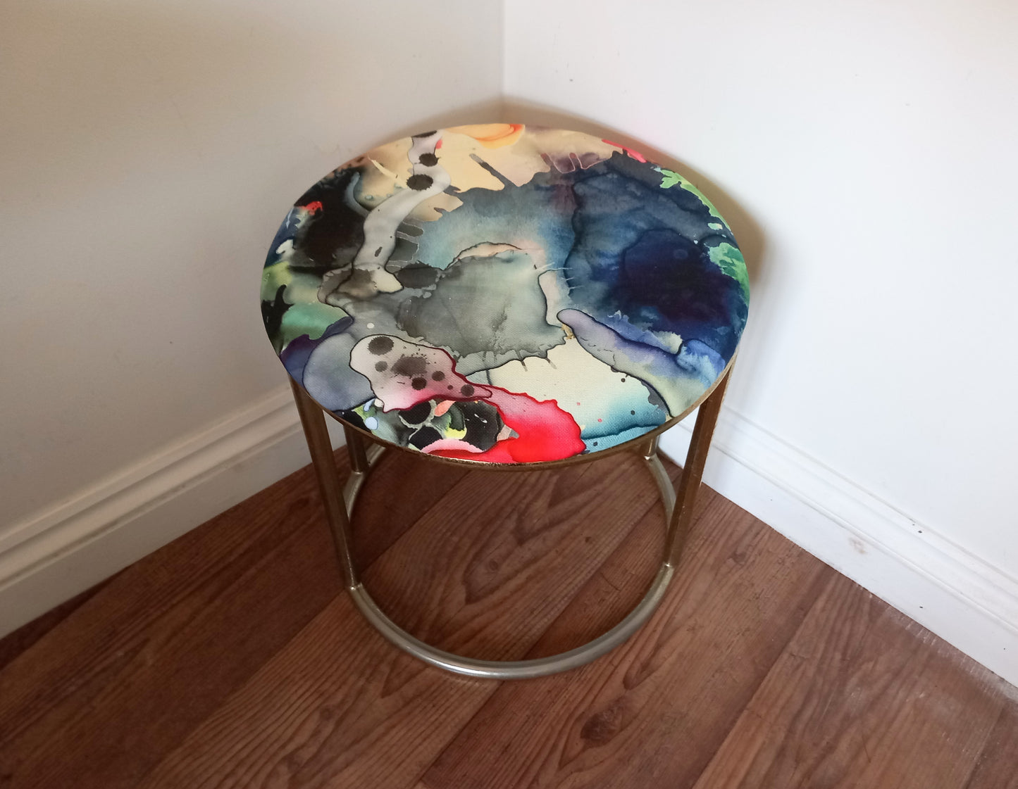 1970s tubular brass stool reupholstered with Timorous Beasties Kaleidosplatt fabric