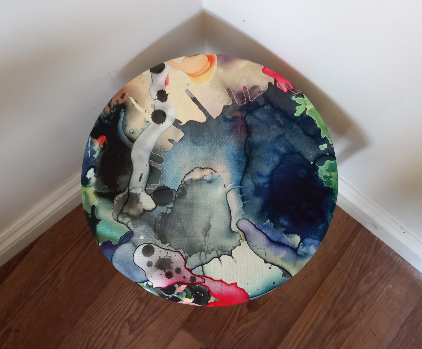 1970s tubular brass stool reupholstered with Timorous Beasties Kaleidosplatt fabric