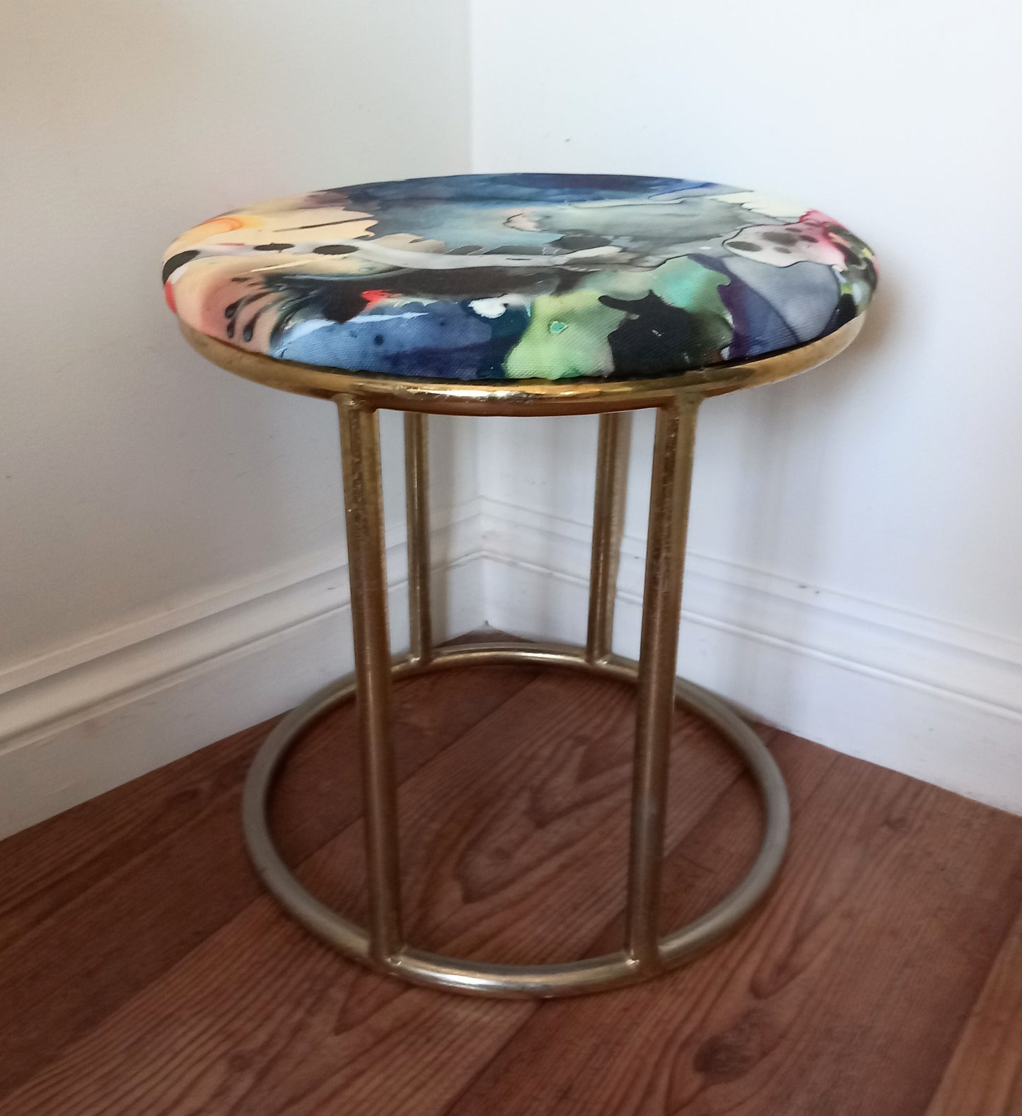 1970s tubular brass stool reupholstered with Timorous Beasties Kaleidosplatt fabric