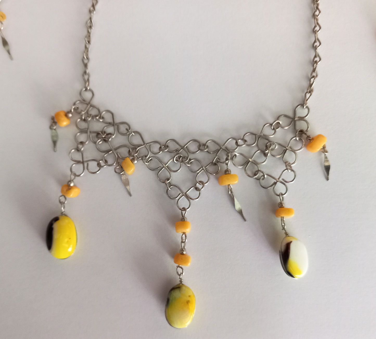 Yellow glass bead & semi precious stone necklace and earrings set