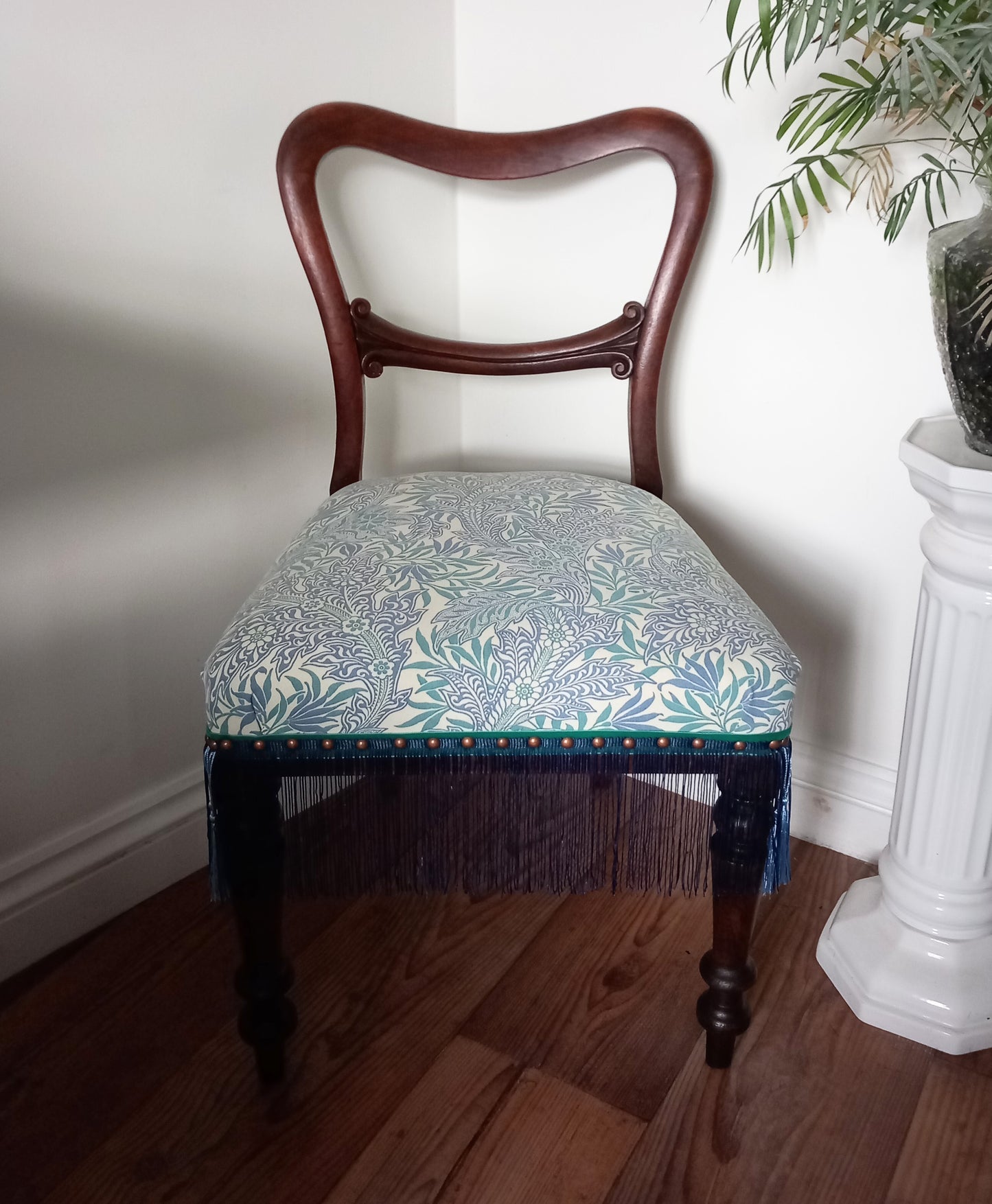 Victorian Balloon Back Chair Reupholstered With Blue Jasper Conran Habitat Medura Fabric