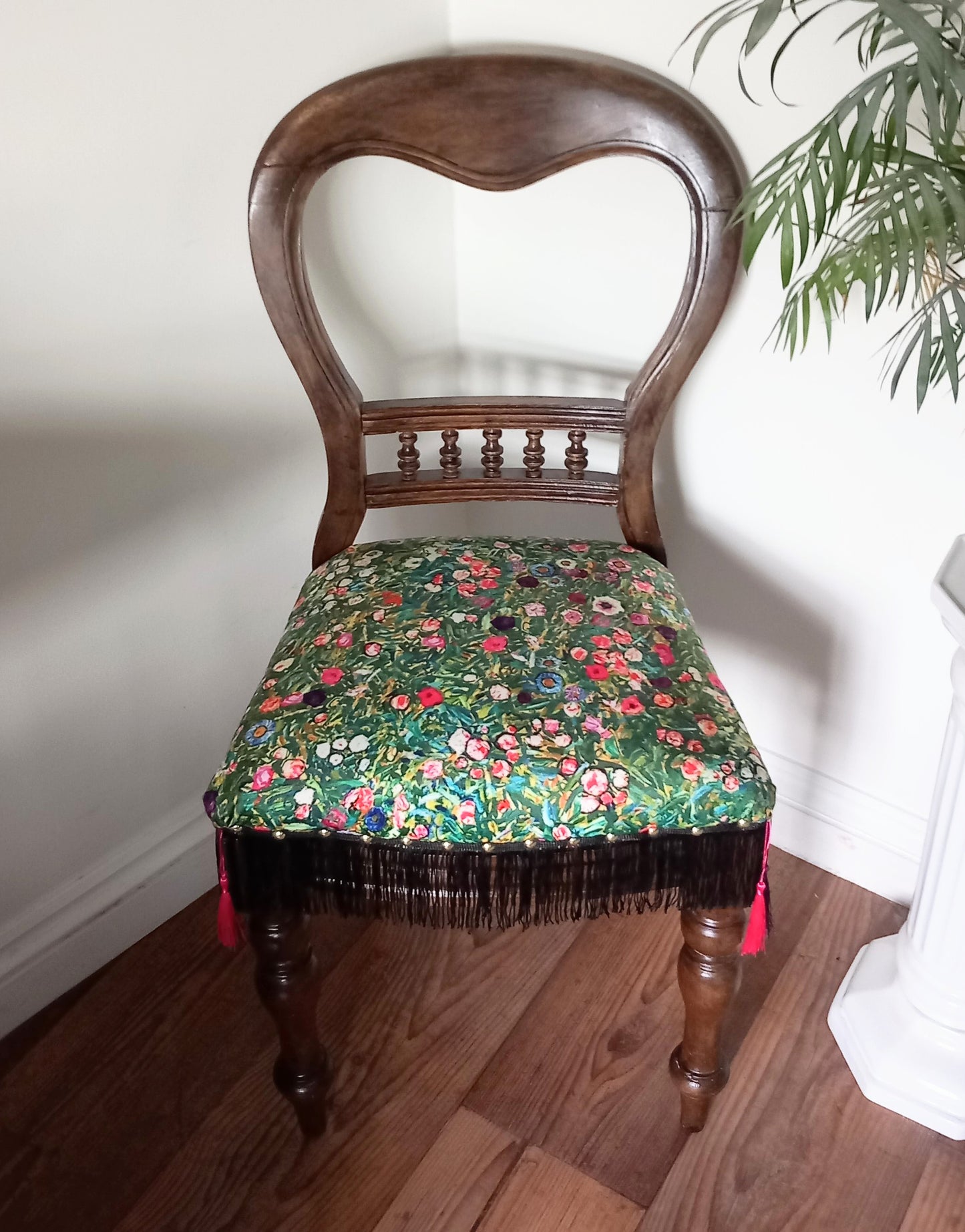 Victorian Balloon Chair Reupholstered In Pink & Green Gustav Klimt Italian Garden Velvet Fabric