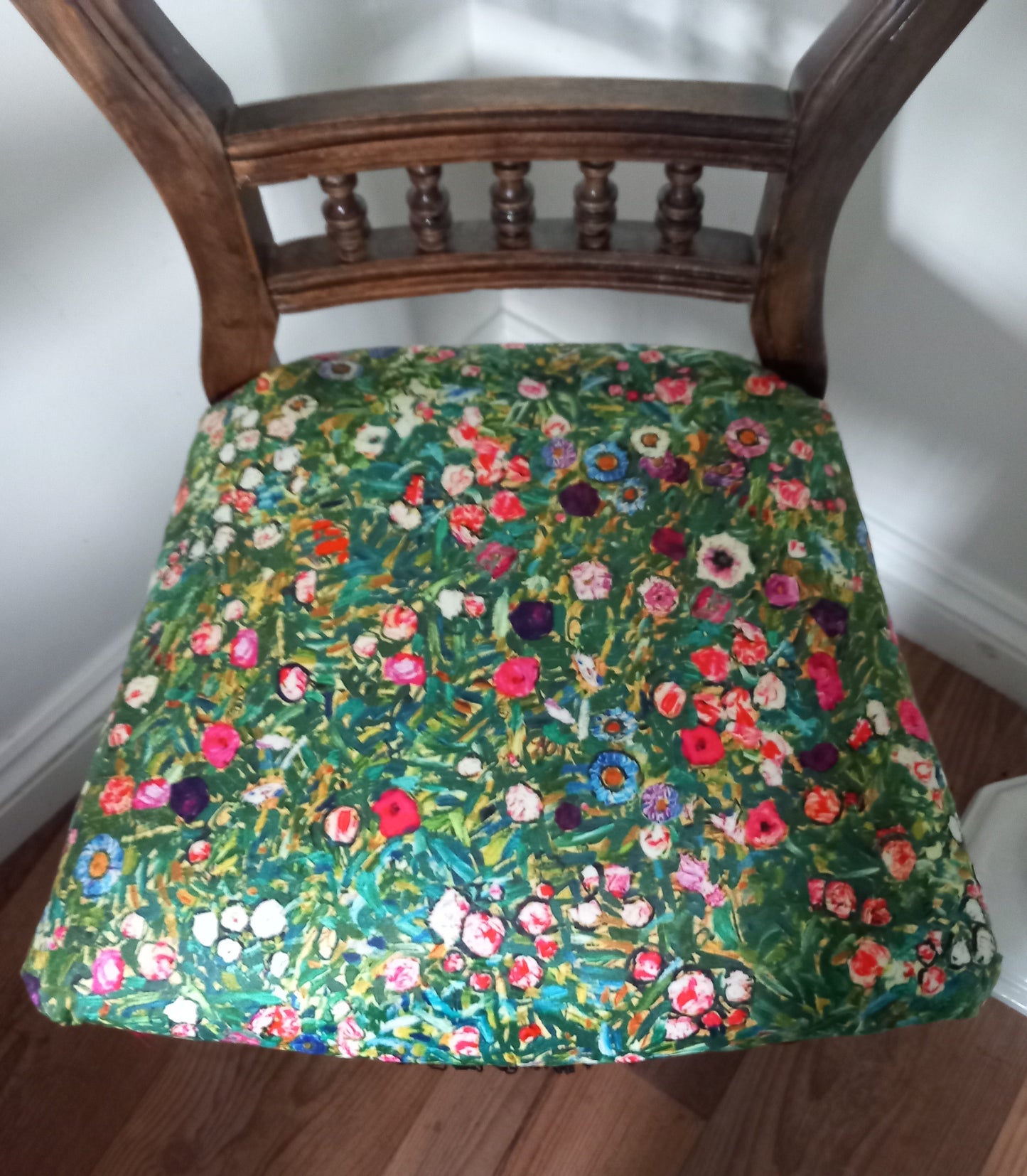 Victorian Balloon Chair Reupholstered In Pink & Green Gustav Klimt Italian Garden Velvet Fabric