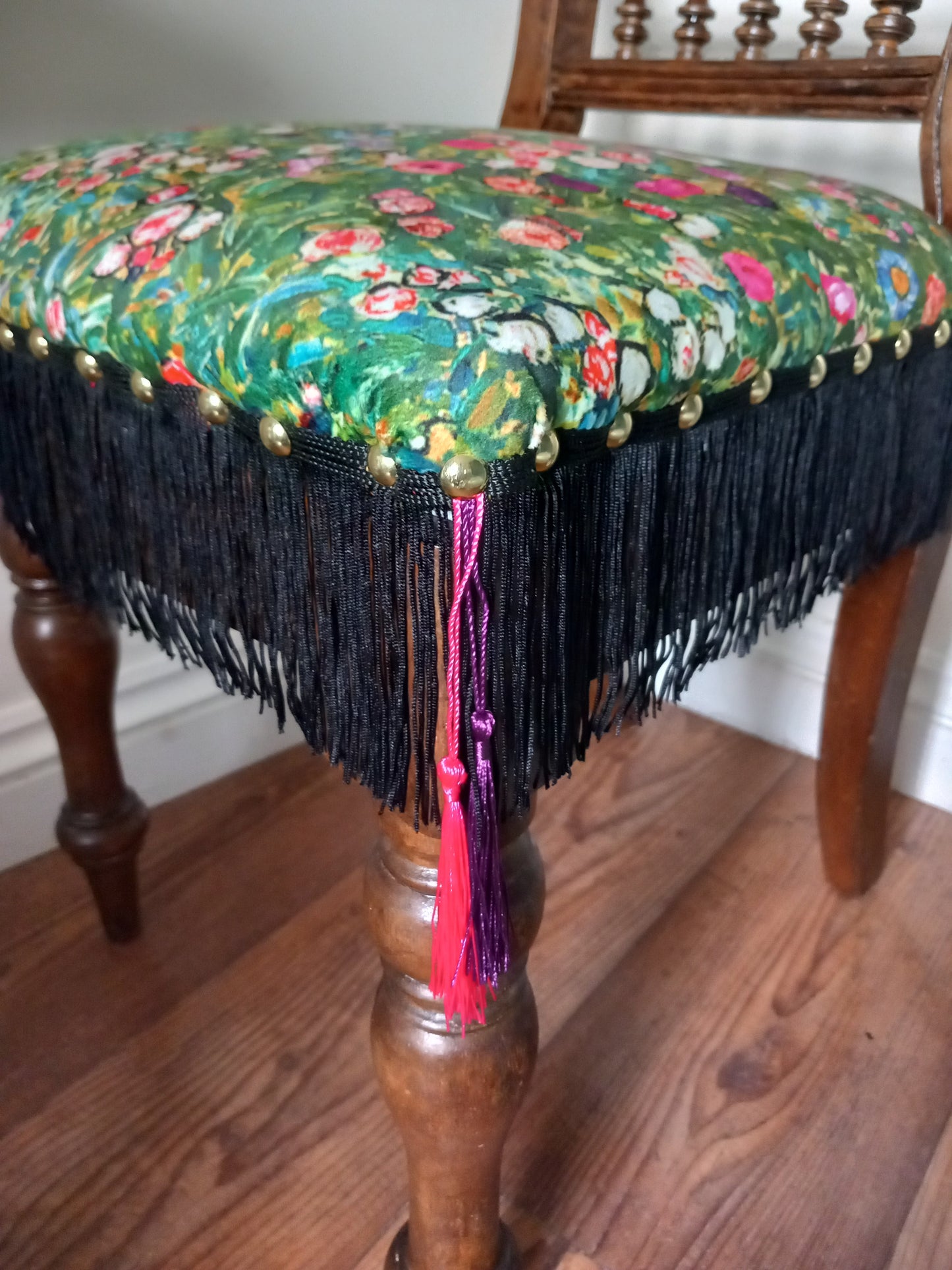 Victorian Balloon Chair Reupholstered In Pink & Green Gustav Klimt Italian Garden Velvet Fabric