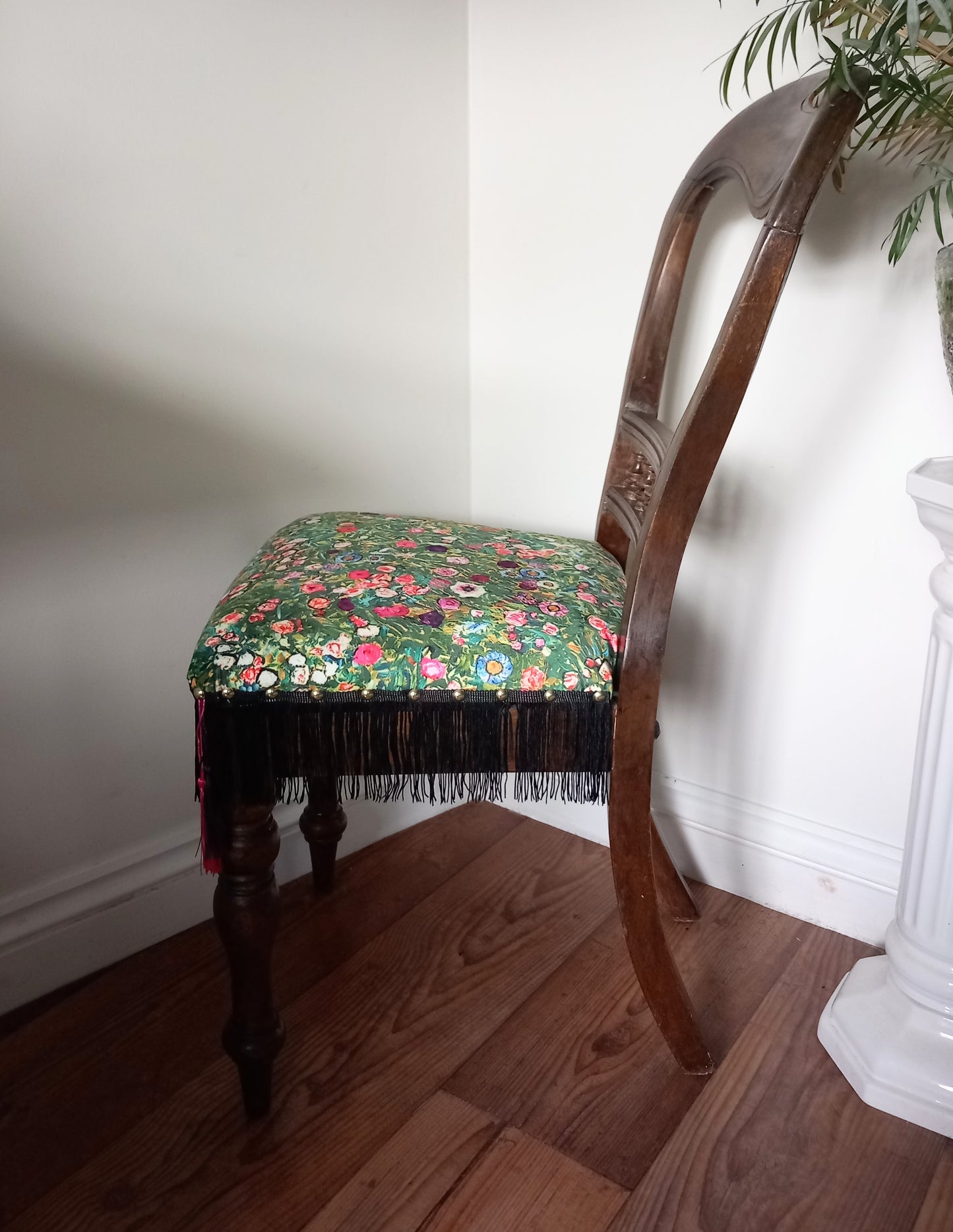 Victorian Balloon Chair Reupholstered In Pink & Green Gustav Klimt Italian Garden Velvet Fabric