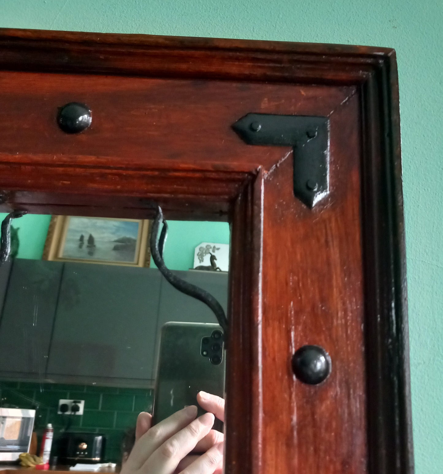 Late 20th century rustic real wood & metal detail wall mirror