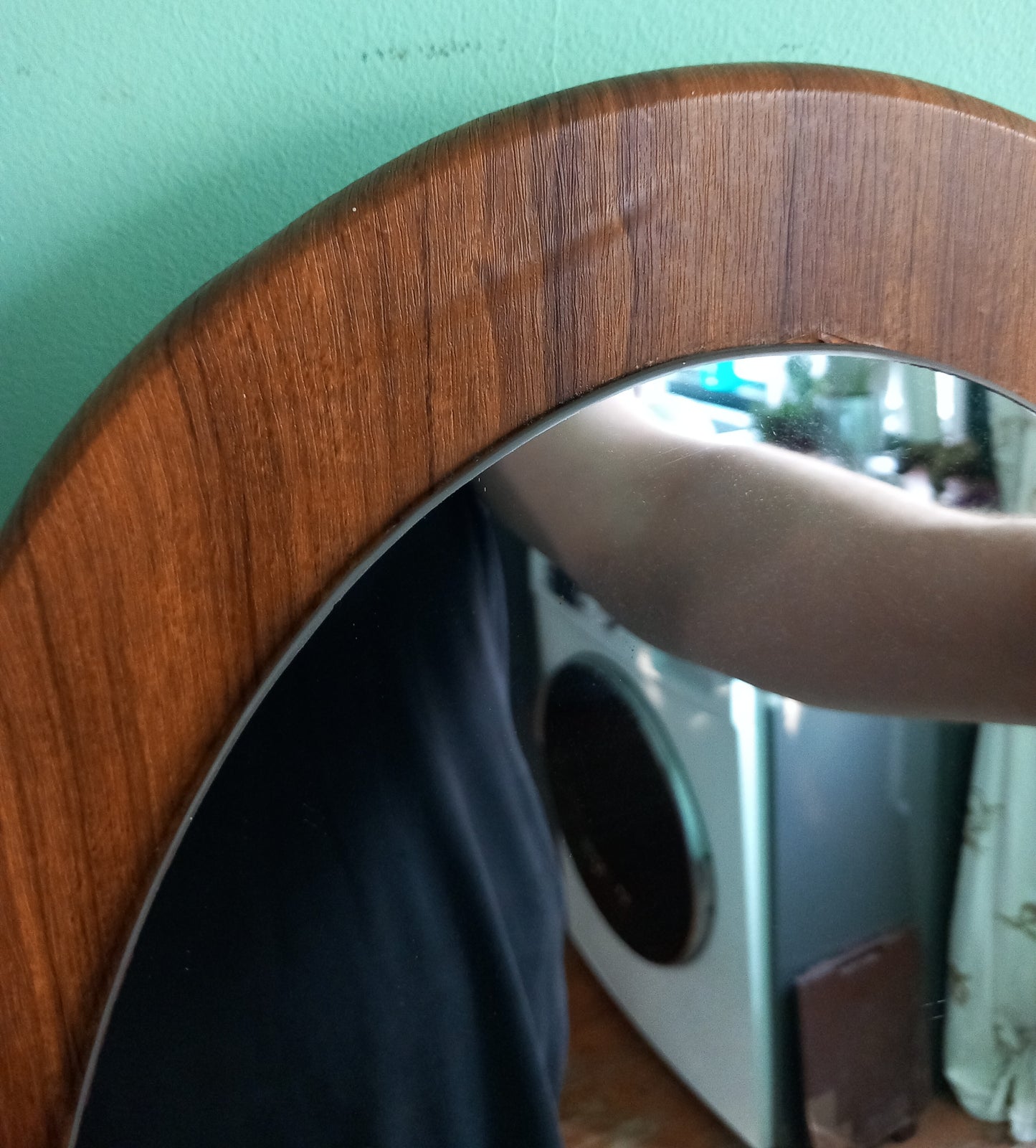 Mid century 1970s teak wood effect backed oval wall mirror 23"
