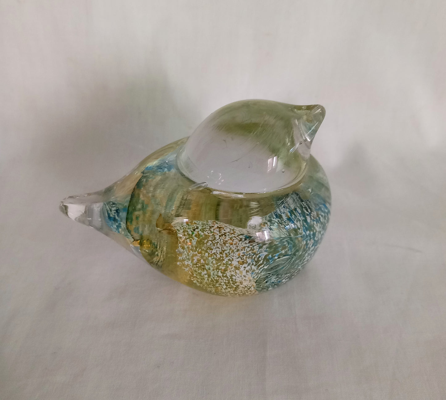 Blue & yellow mottled art glass bird paperweight signed JGD