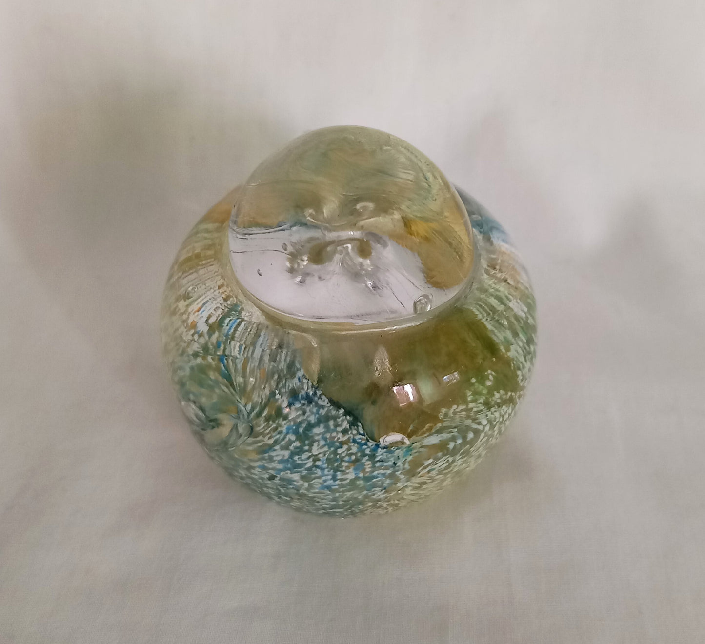 Blue & yellow mottled art glass bird paperweight signed JGD
