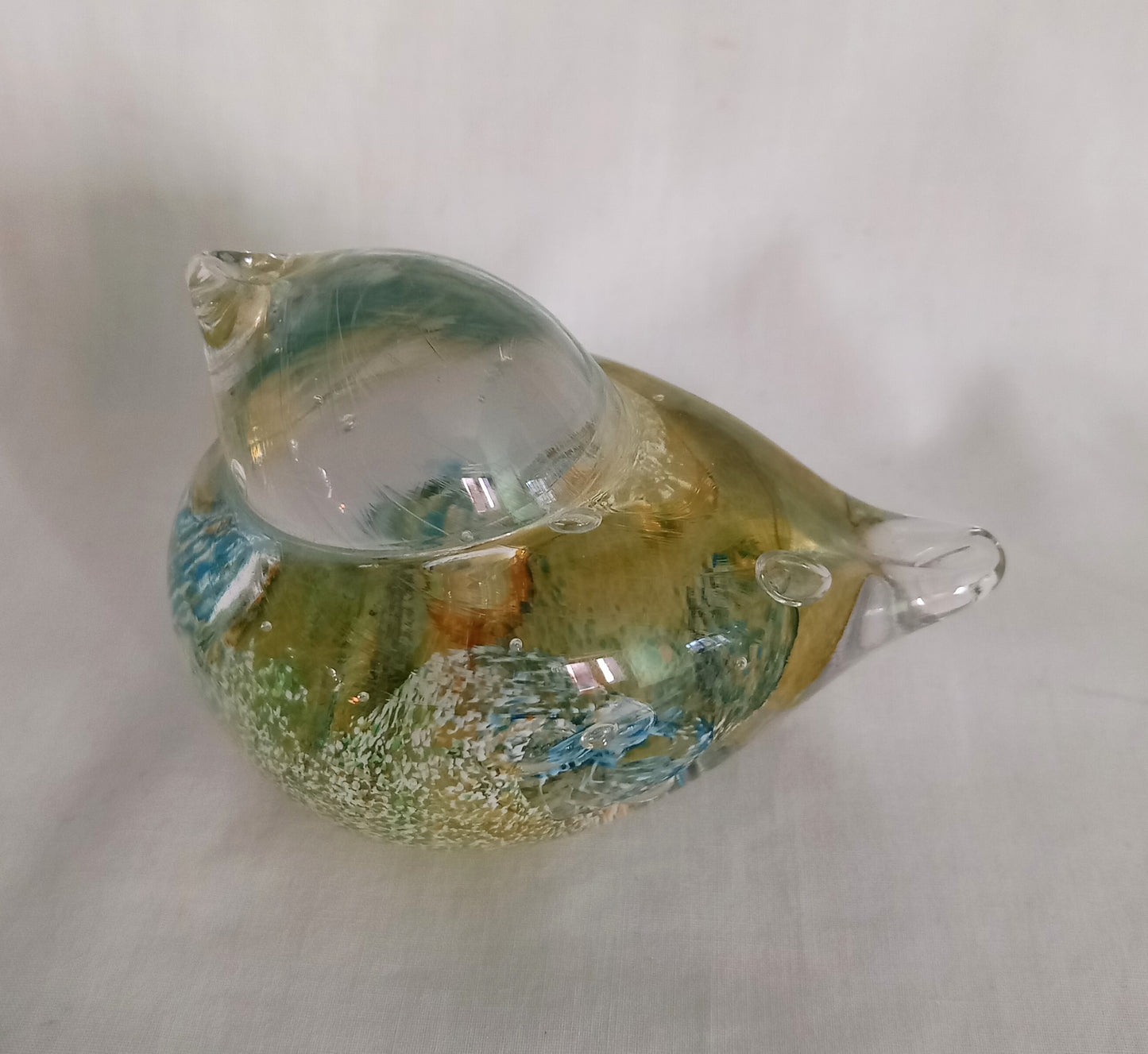 Blue & yellow mottled art glass bird paperweight signed JGD