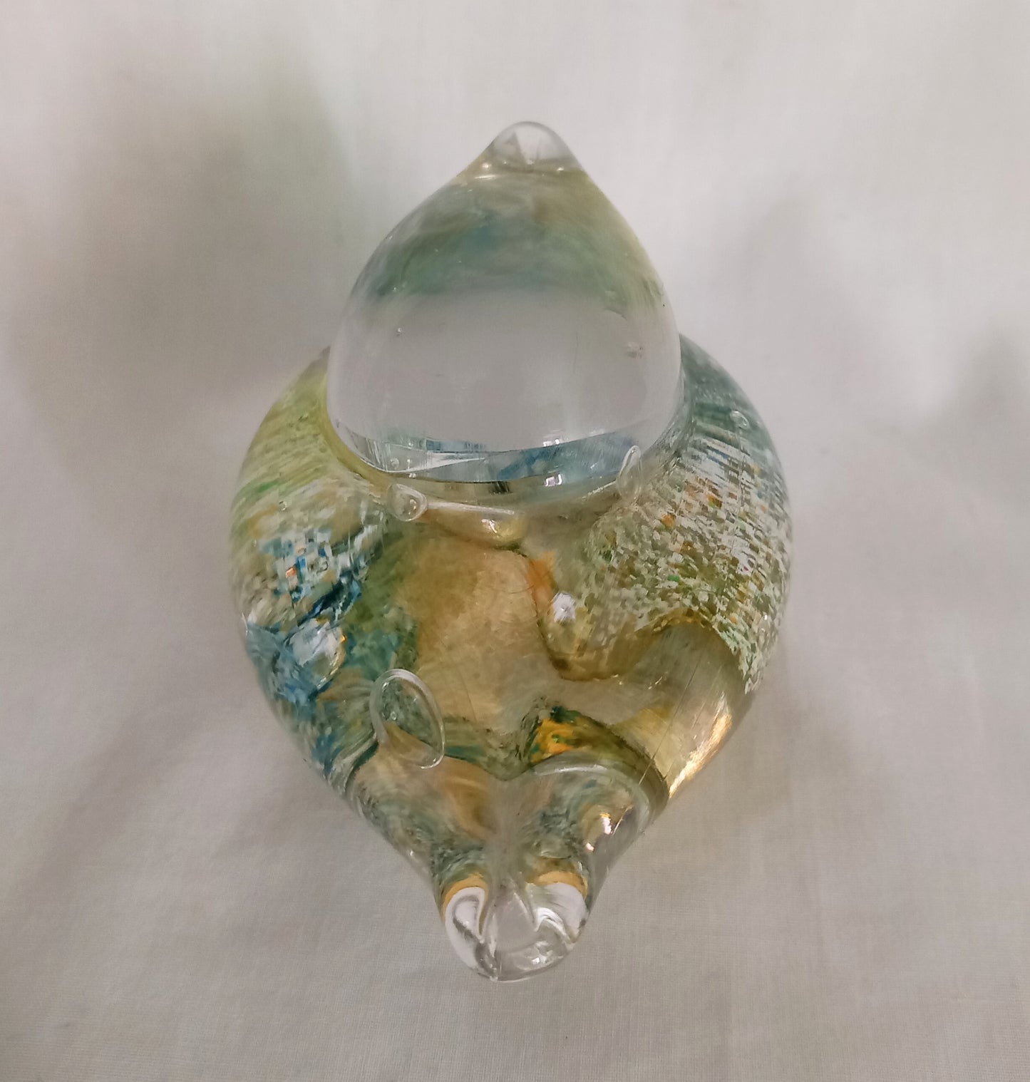 Blue & yellow mottled art glass bird paperweight signed JGD