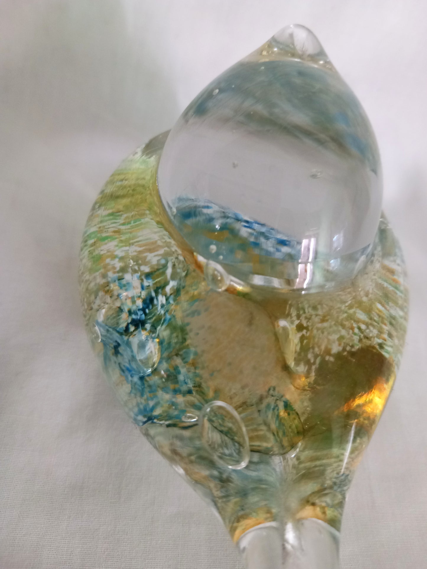 Blue & yellow mottled art glass bird paperweight signed JGD