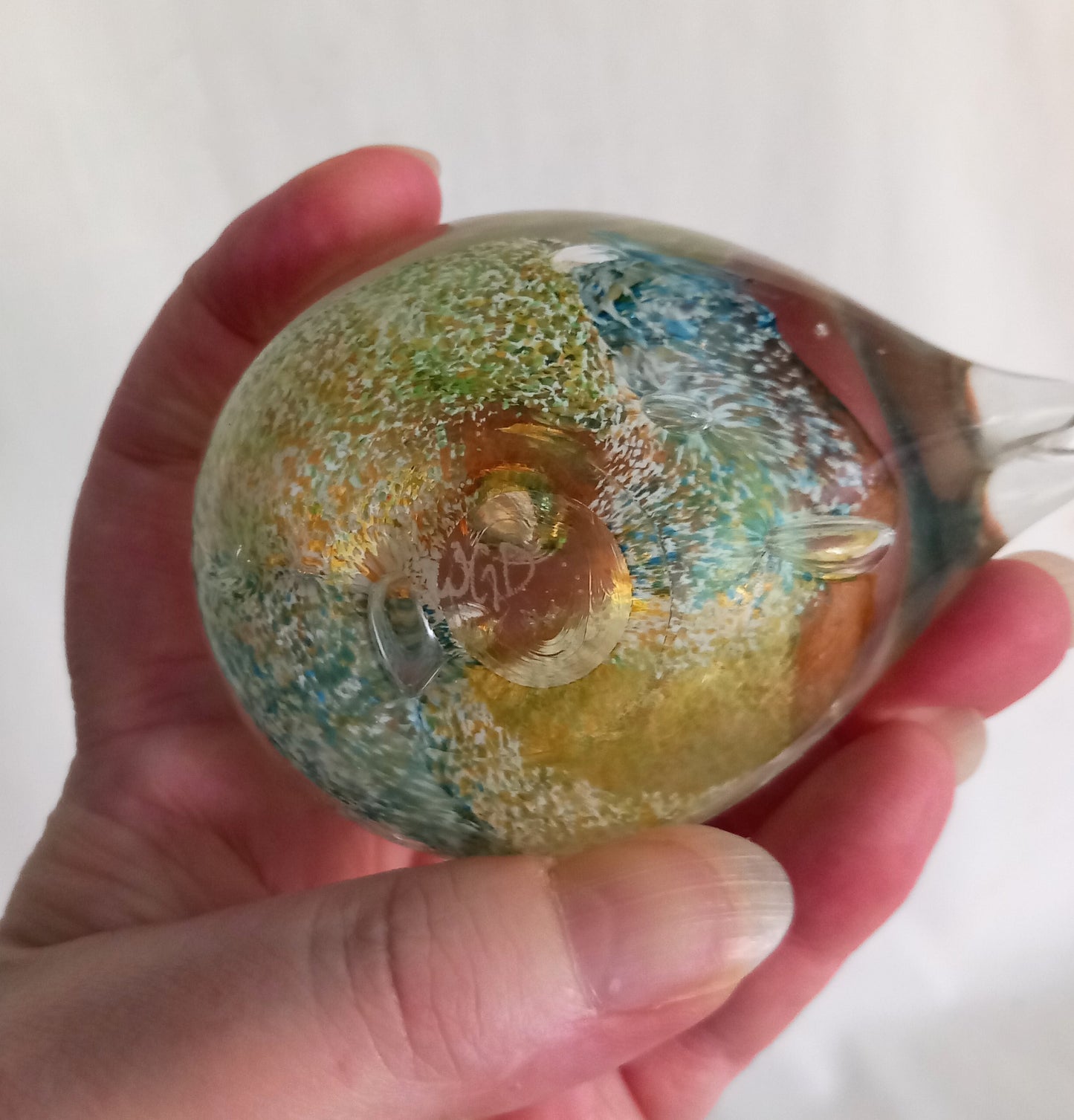 Blue & yellow mottled art glass bird paperweight signed JGD