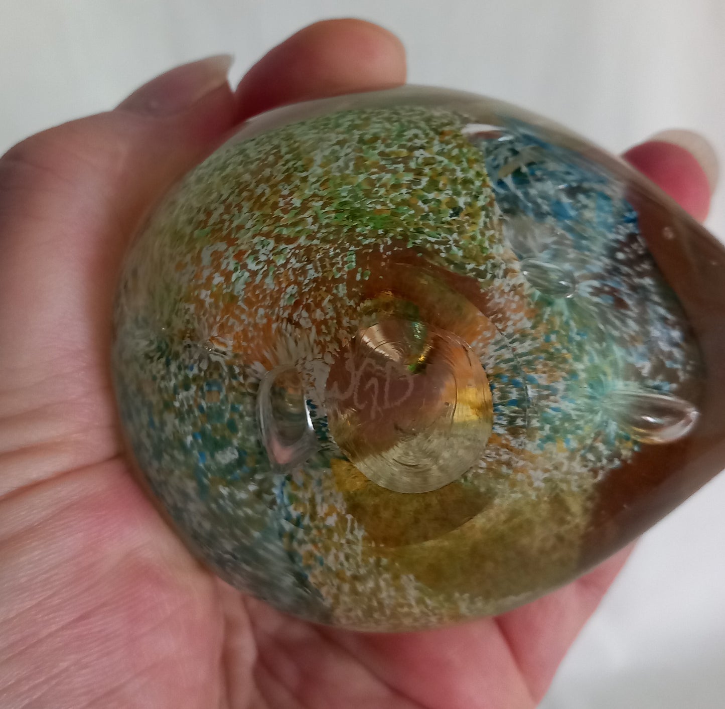 Blue & yellow mottled art glass bird paperweight signed JGD