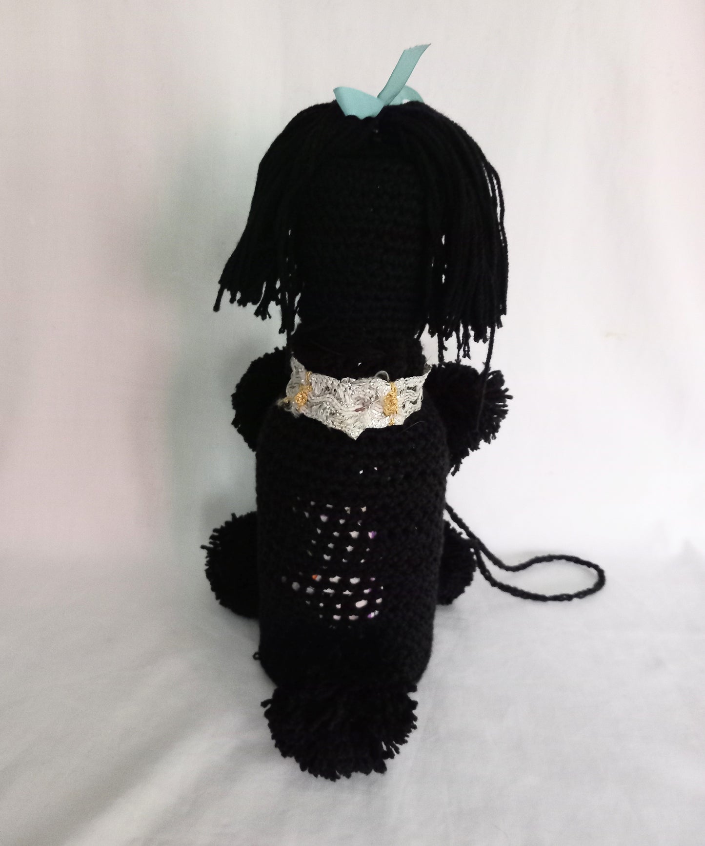 Mid Century hand made black crocheted poodle dog bottle cover statue