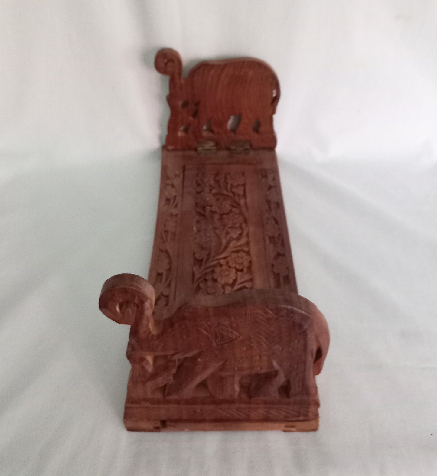 Vintage Indian hand carved wooden folding book stand with elephant design
