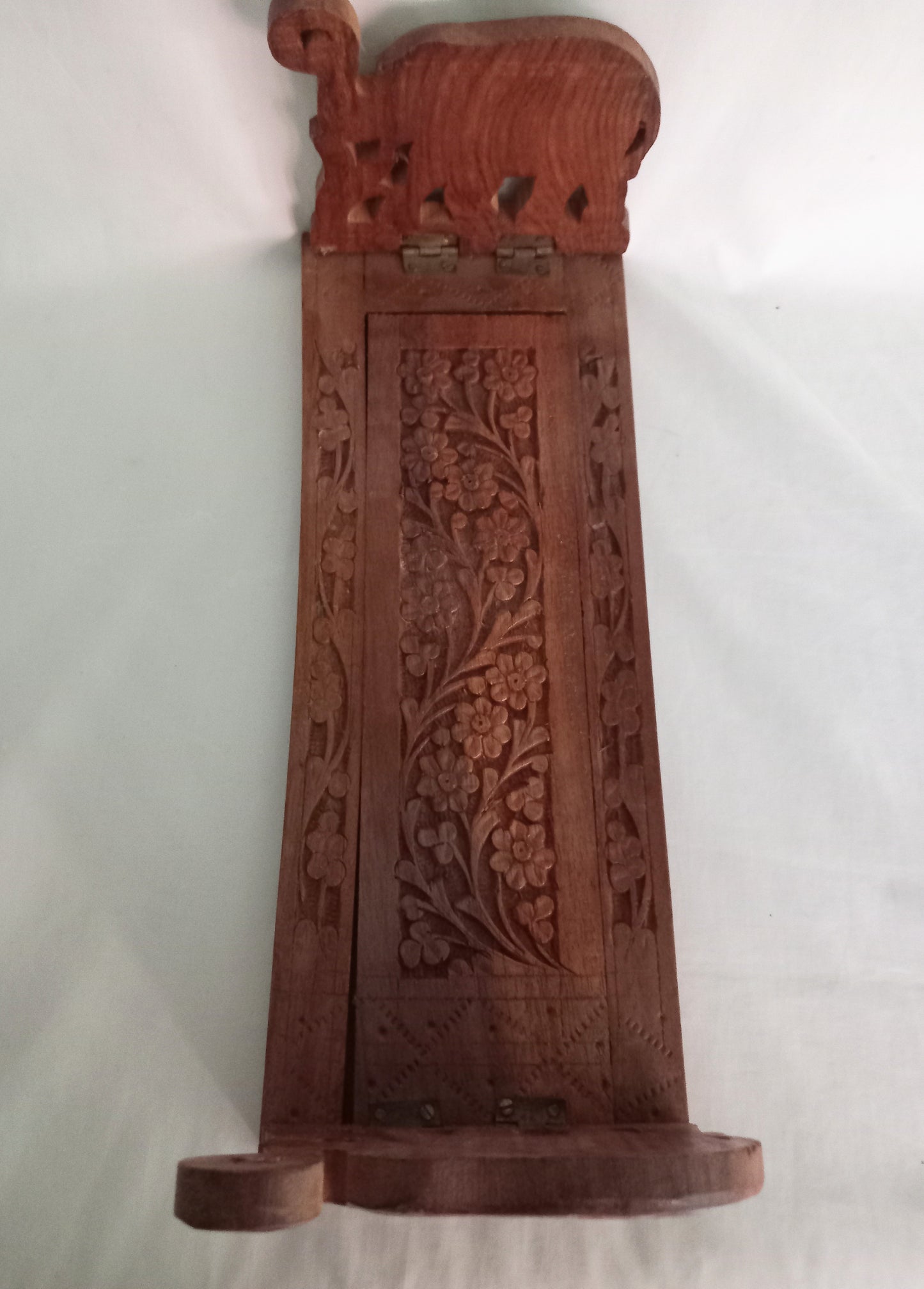 Vintage Indian hand carved wooden folding book stand with elephant design