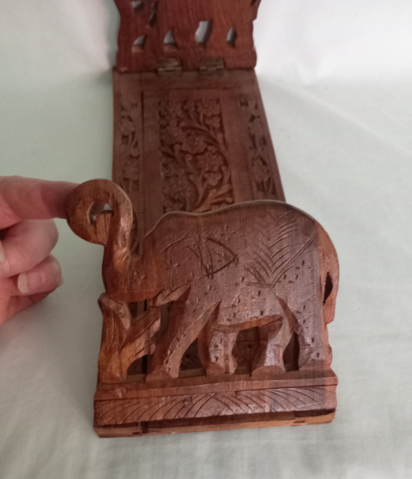 Vintage Indian hand carved wooden folding book stand with elephant design