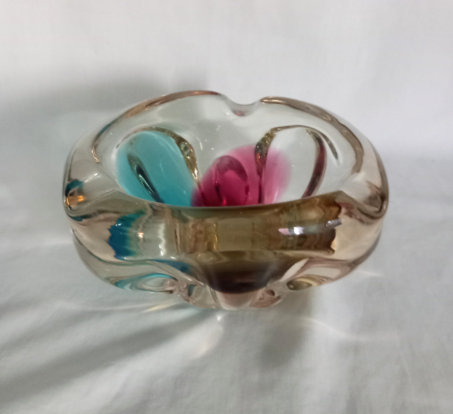 Mid century Murano style tricolour glass bowl or ashtray in pink, blue and yellow