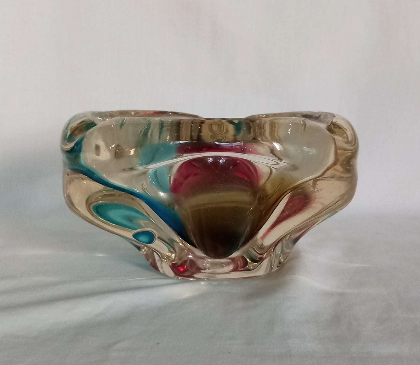 Mid century Murano style tricolour glass bowl or ashtray in pink, blue and yellow