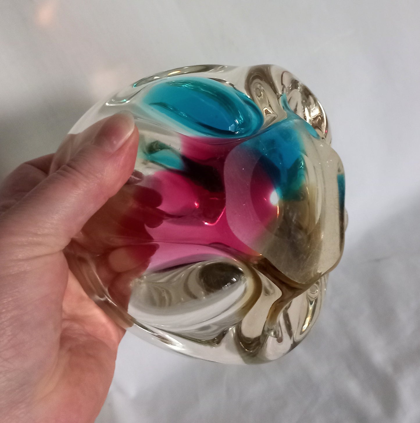 Mid century Murano style tricolour glass bowl or ashtray in pink, blue and yellow