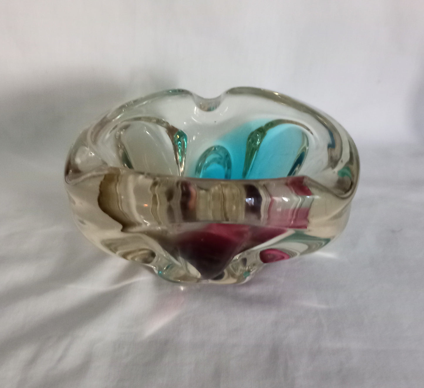 Mid century Murano style tricolour glass bowl or ashtray in pink, blue and yellow